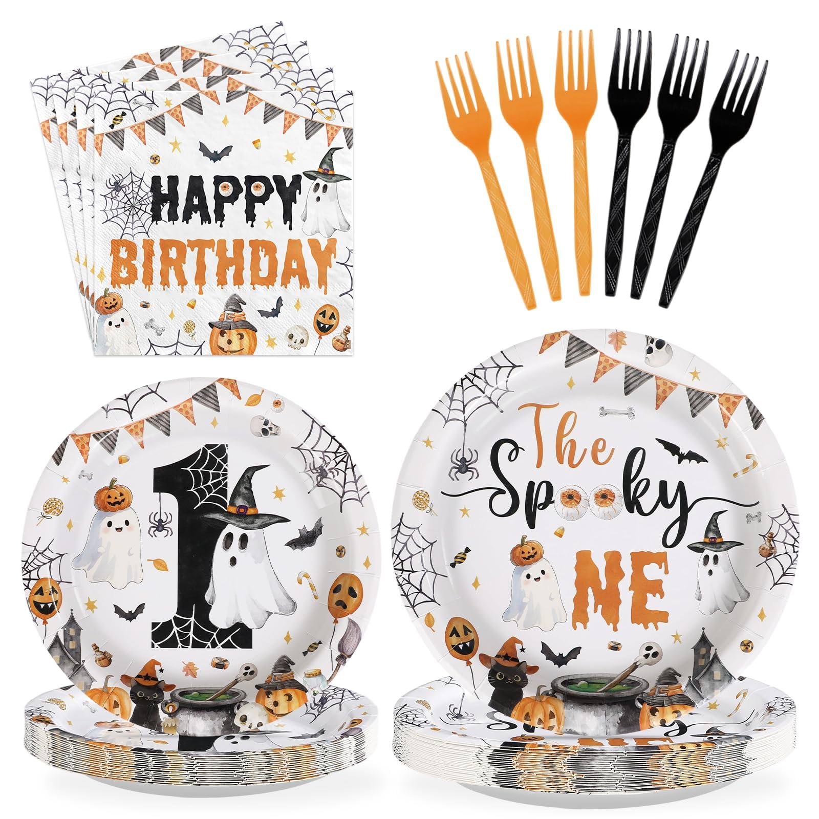 Grencian 96Pcs Halloween Ghost 1st Birthday Party Supplies，Serves 24