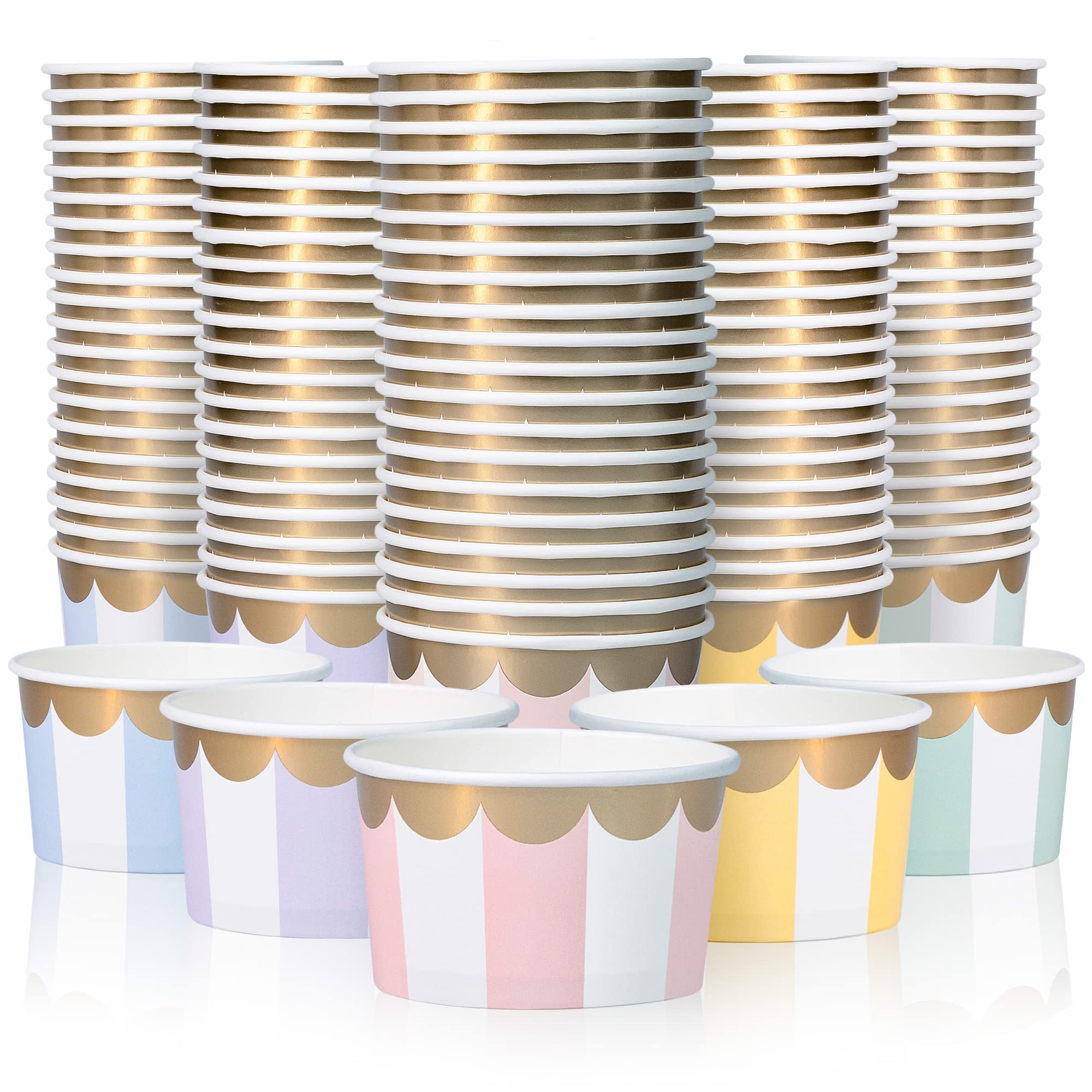 Confettiville Paper Ice Cream Cups - 100-Count 5.5-Oz Disposable Dessert Bowls for Hot or Cold Food, 5.5-Ounce Party Supplies Treat Cups, 5 Colors Pastel Stripes with Scalloped Gold Foil