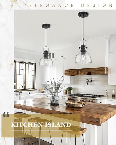Vista 8 de AD-22151-1P-BK - Luces colgantes negras para isla de cocina, 7.5 pulgadas con pantalla de vidrio sembrado transparente, lámparas colgantes vintage