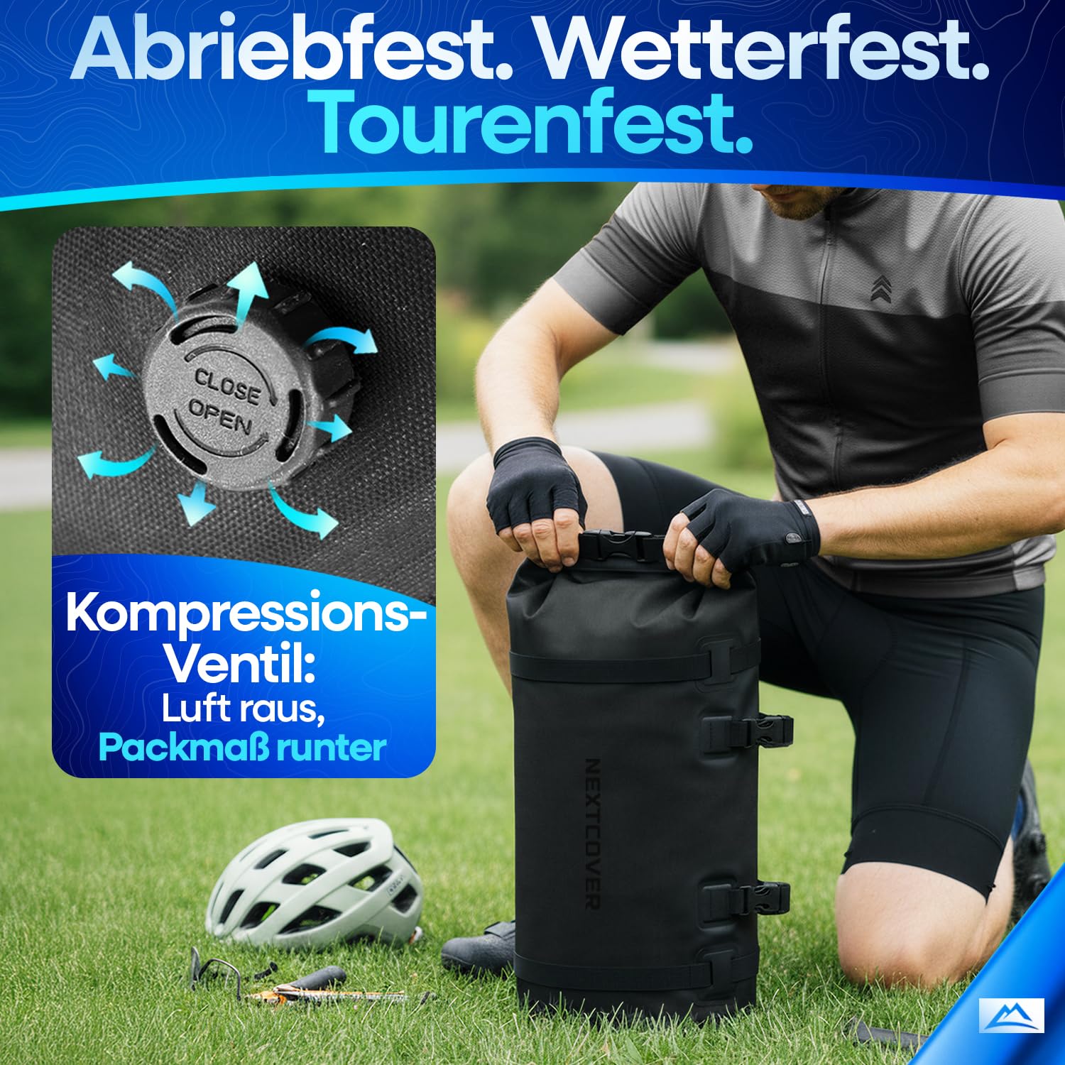 Nextcover® Bikepacking Lenkertasche Fahrrad [10 Liter] I Fahrradtasche Lenker - 100% Wasserdicht Dank AquaShield-TPU I Kompakte Lenkerrolle Fahrrad I Bikepacking Taschen für Gravelbike Rennrad, MTB