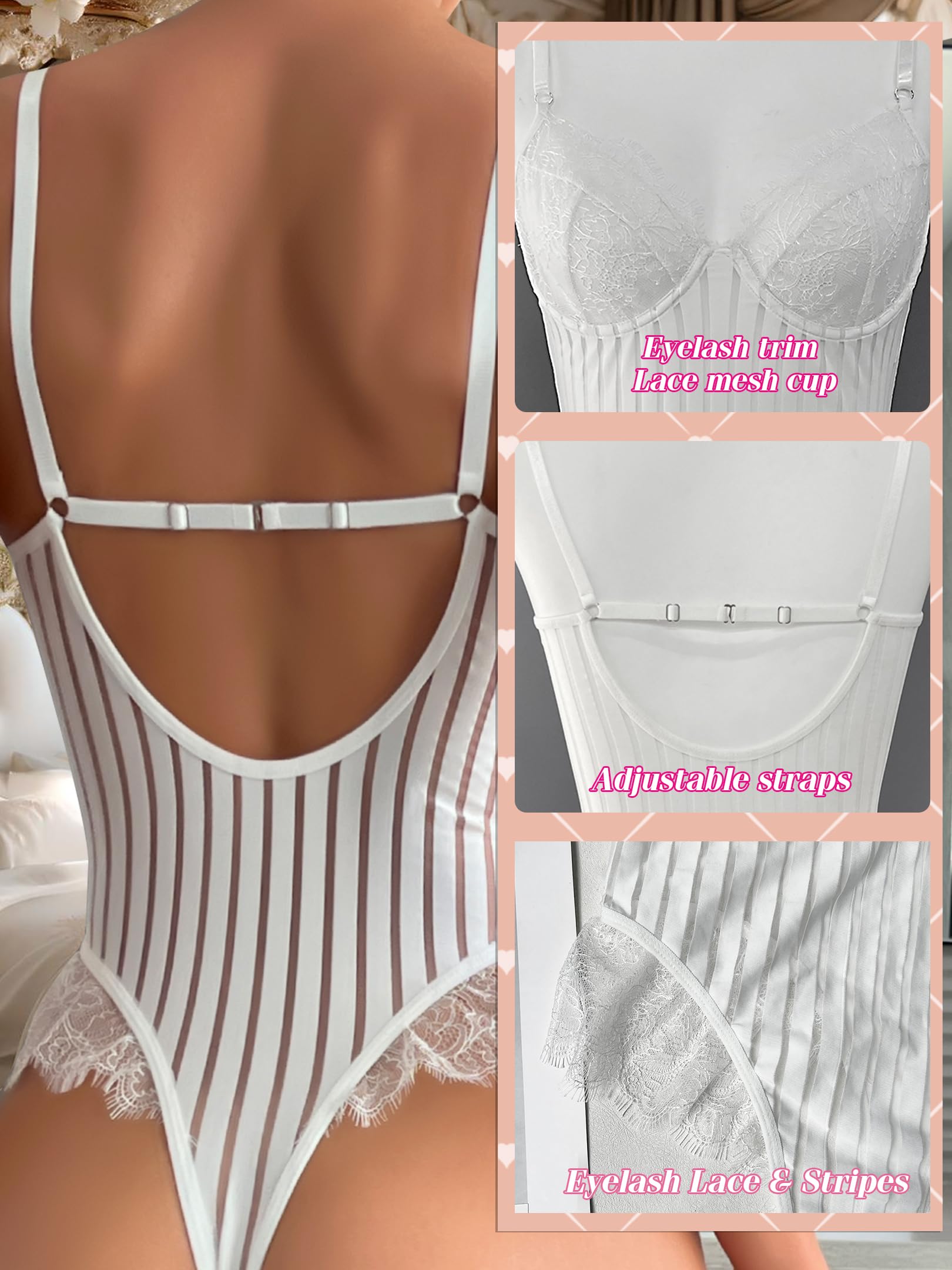 Body da donna in pizzo sexy Teddy Lingerie Body Suit ciglia Trim Mesh Stripes 1 pezzo Snap cavallo top