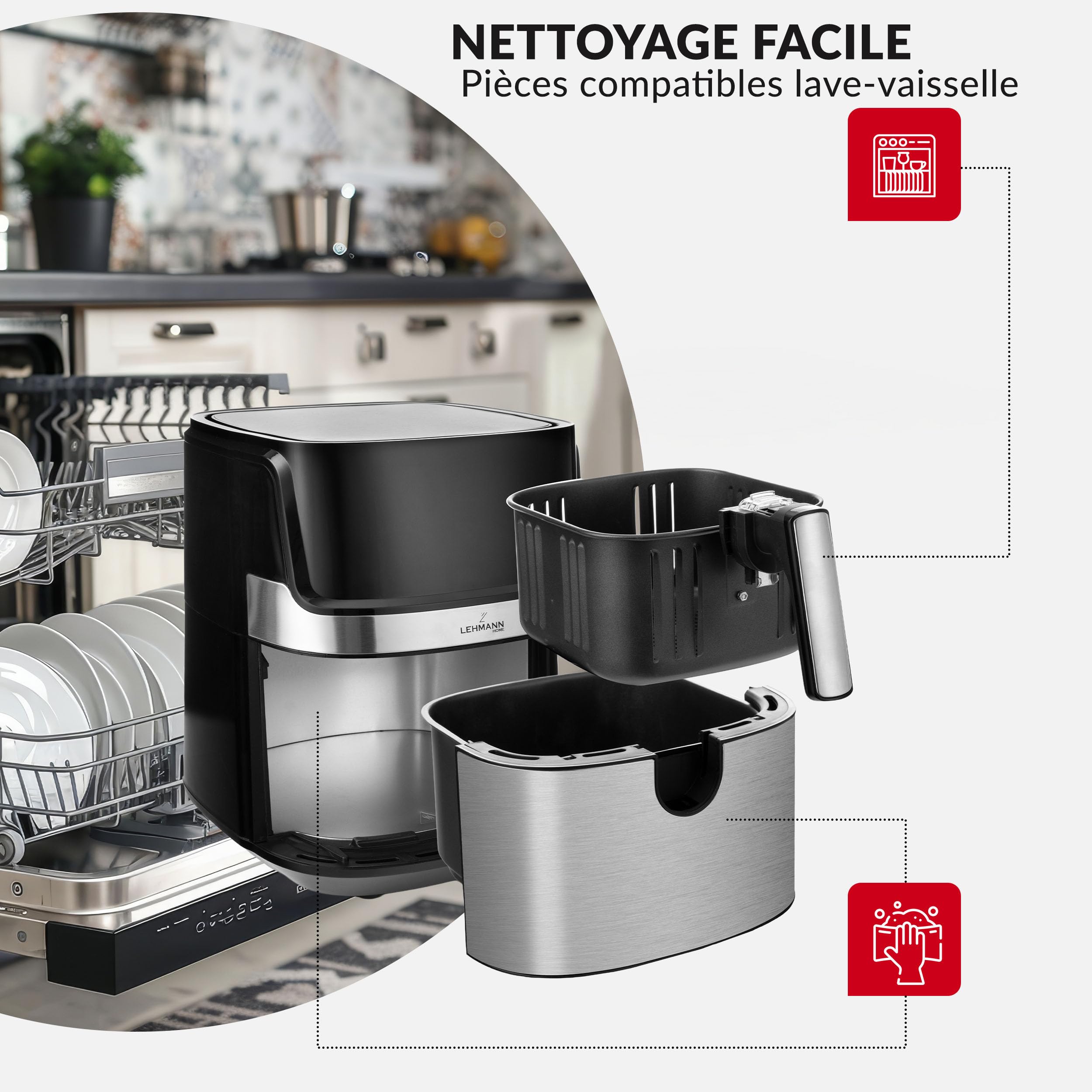 LEHMANN Air Fryer XL, 6,5L, Friteuse sans Huile avec 8 Programmes, Grande Métallique Tiroir, Écran Tactile, Minuterie, Revêtement Antiadhésif, 80-200 °C, Compatible Lave-vaisselle, Familial