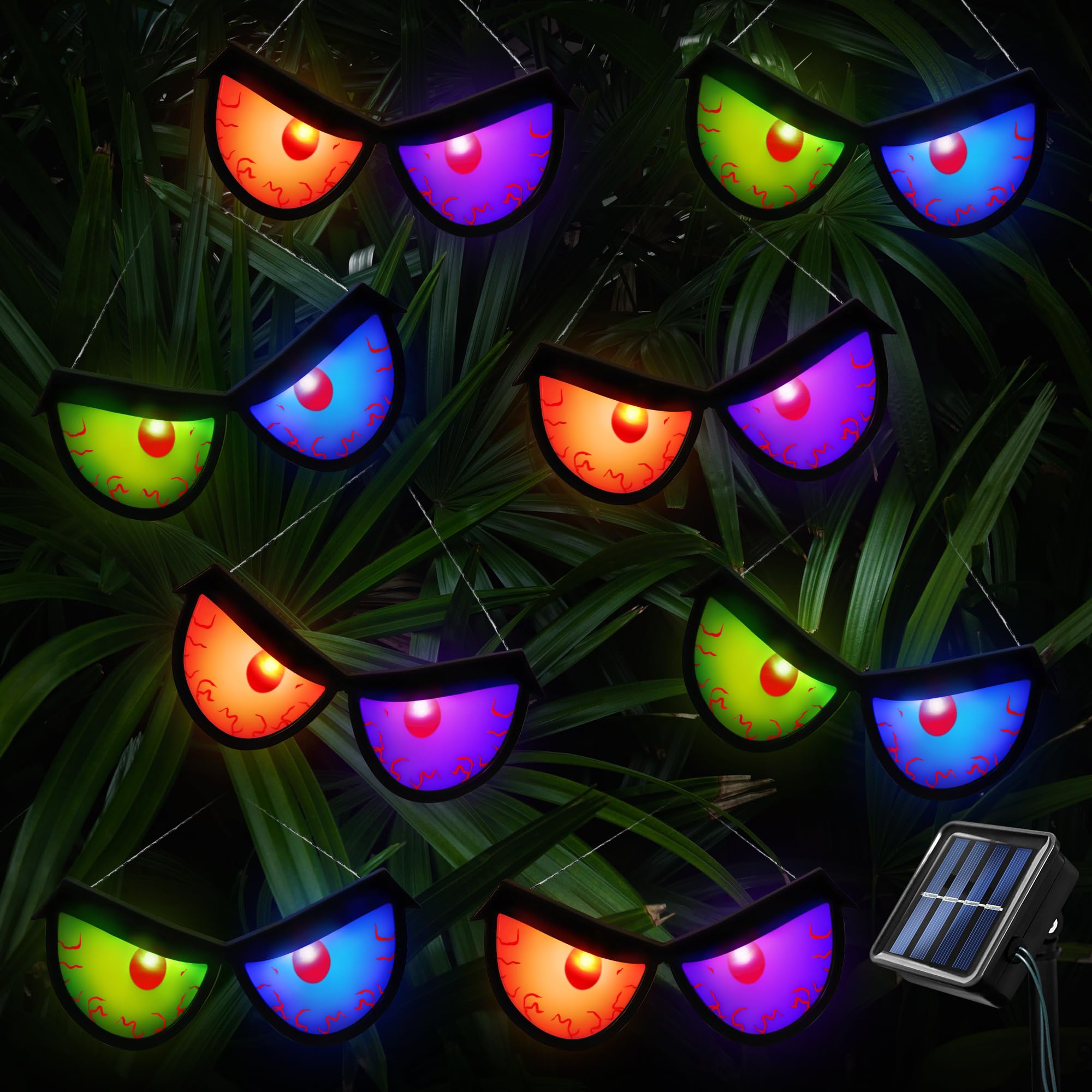 Solar Halloween Spooky Eyes String Lights, 8 Pack Solar Powered 16 LED Eyes Lights Red Green Blue Purple Flashing Peeping Eyes with 2 Modes, Waterproof Halloween Party Decorations Indoor Outdoor