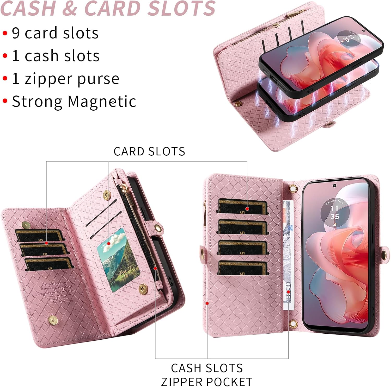 Asuwish Phone Case for Motorola Moto G Power 5G 2024 Zipper Wallet Detachable Cell Cover with Tempered Glass Screen Protector Crossbody Lanyard Strap Flip Card Holder Slot G5 Women Men Girls Pink