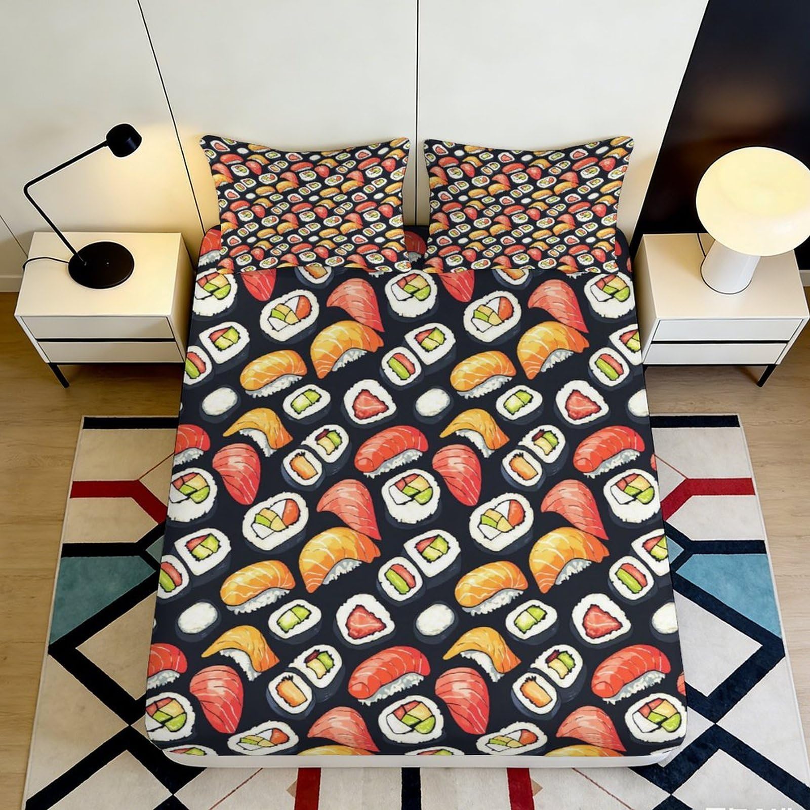Pnayamiorkfel Style-5 3D Printed Sushi Nigiri Fitted Sheet Microfiber Soft Bedroom Decor Maki Roll Bed Cover Machine Washable Anti-Slip 90X200x25cm