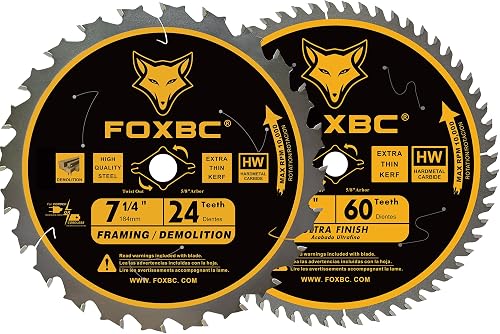FOXBC 7-1/4 inch Circular Saw Blade 24T 60 Tooth ATB Wood Cutting with 5/8" Arbor, Diamond Knockout
