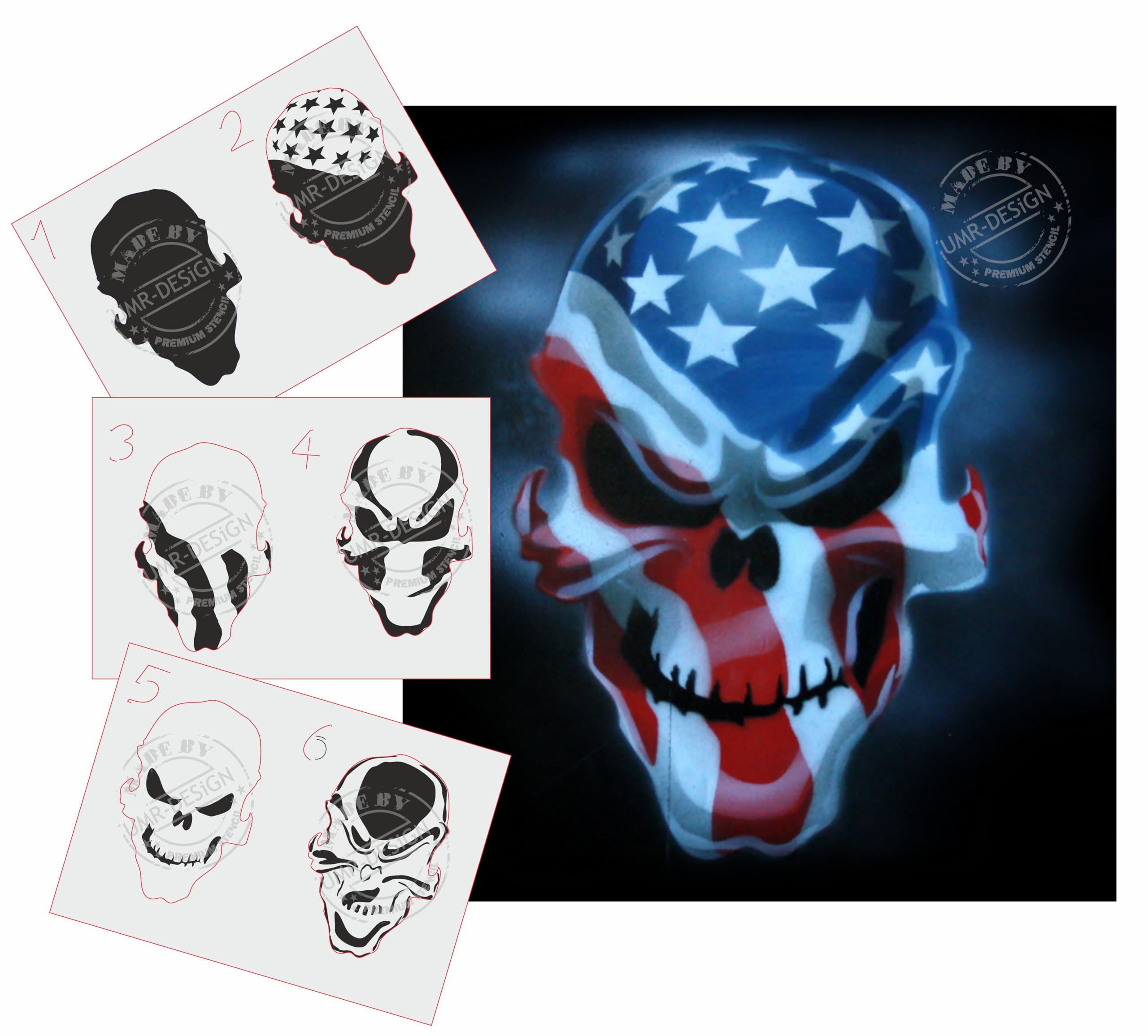 AS-062 USA Skull Multilayer Step by Step Stencil for Acrylic, Airbrush, Spray, Tattoo, Varnish and Wall Paint UMR-DESiGN