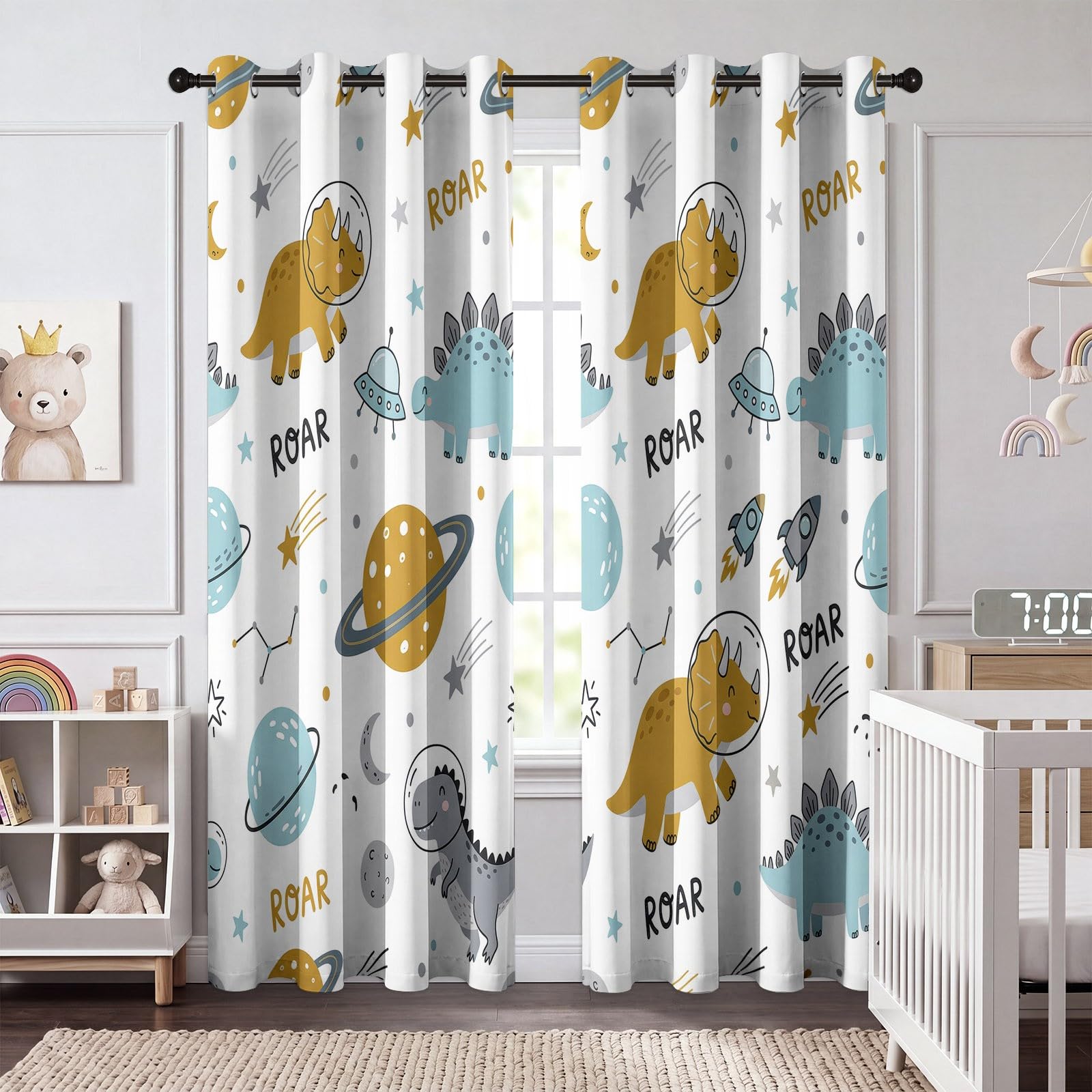 Animé Animal Rideaux Occultants Thermique Isolant 110L X 215H cm (2 Panneaux), Enfant Rideau Occultant Opaque à Oeillets Scandinave Astronaute Dinosaure Motif pour Chambre d'enfant et Salon, Blanc