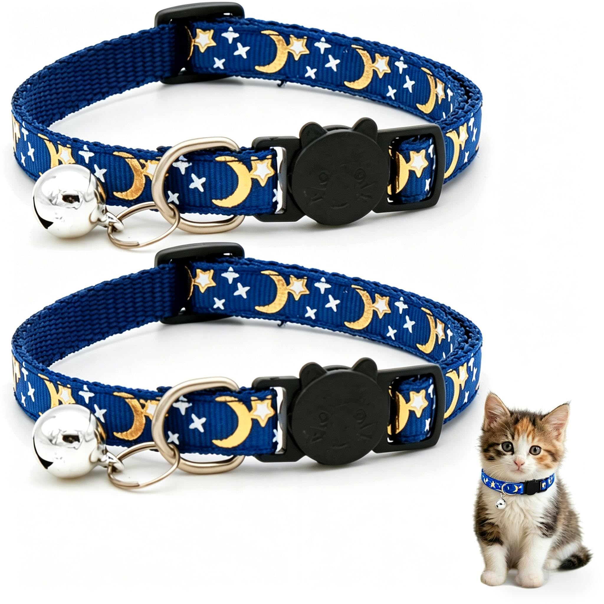 Reflective Adjustable Cat Collar with Bell, Moon Star Print Kitten Collar with Safety Breakaway Buckle, Cute Cat Collar for Cats Kittens, Multiple Colors Available (2 Pack)
