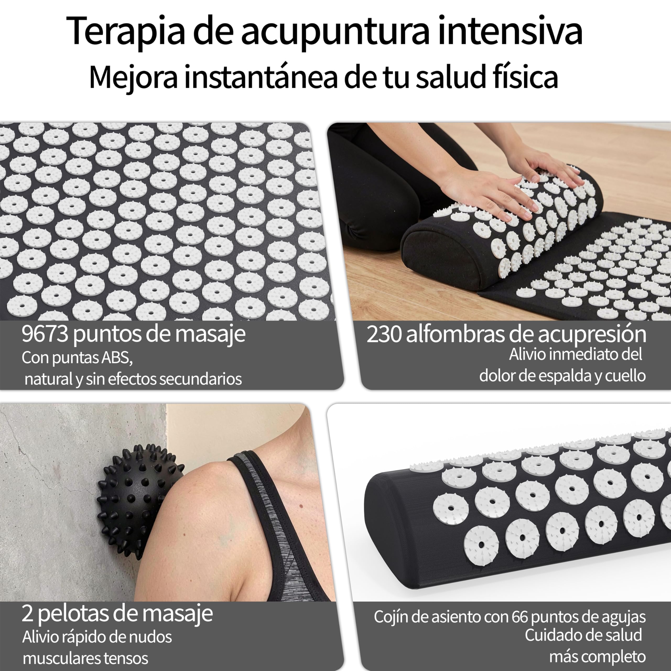 Set de Acupresión - Esterilla,Eco - Con Cojín,Bolas de Masaje y Bolsa - Almohada,Tapete de Masaje con Puntas para Alivio del Dolor,Relajación y masaje en la espalda,la cervical,los piernas (Negro)