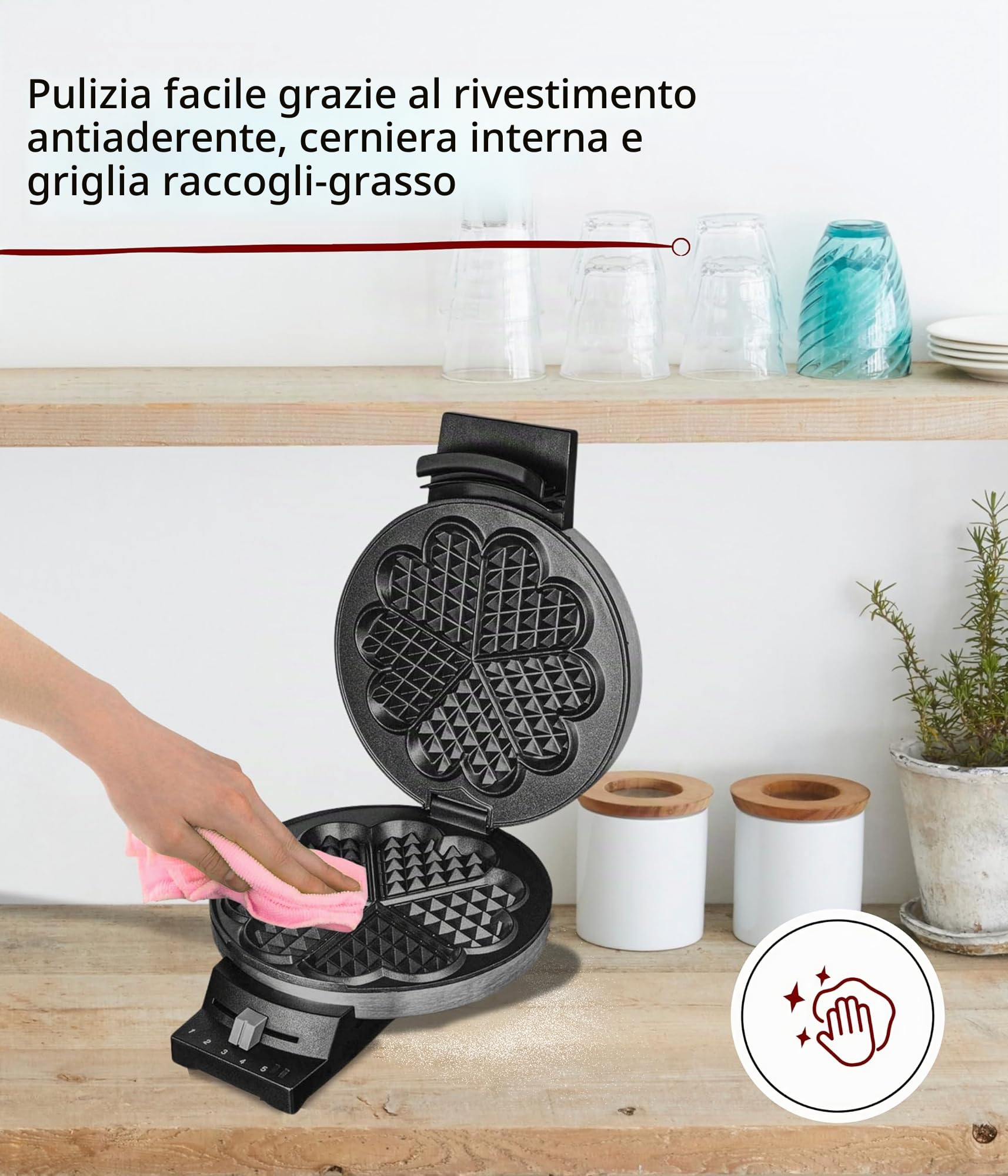 Cloer 189 Piastra per Waffle, 930 W, doppio rivestimento antiaderente, dimensione di cialda 16 cm, piastre di cottura pesanti, segnale acustico e spia di cottura, acciaio inossidabile