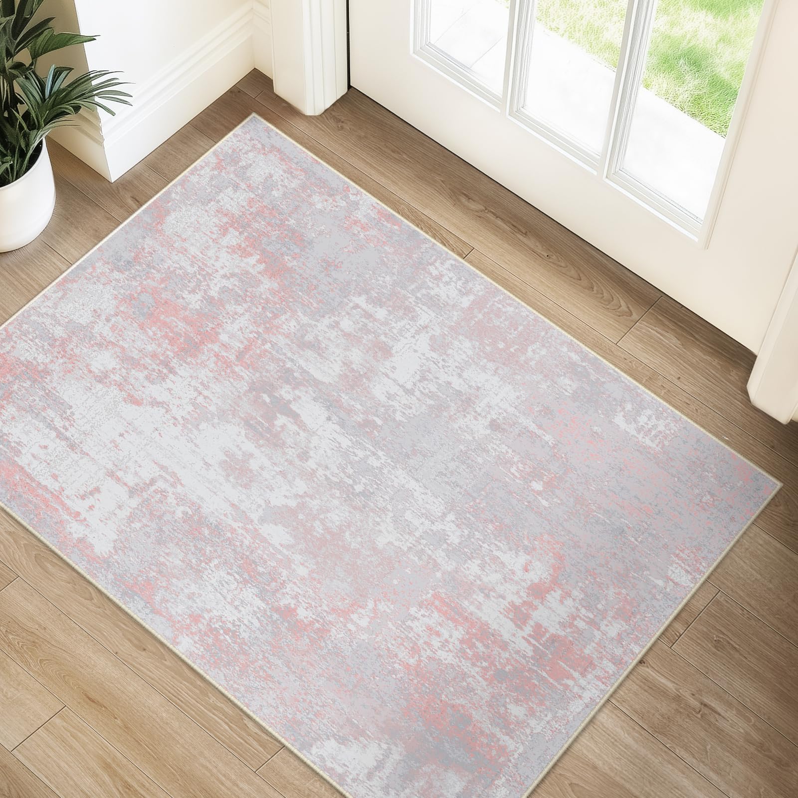 RELEANY Washable 2'x3' Abstract Area Rug for Living Room Gray Pink | carpet for bedroom, kitchen, office, hallway and entryway, printed pattern, non-slip, soft, stain-resistant, easy to clean