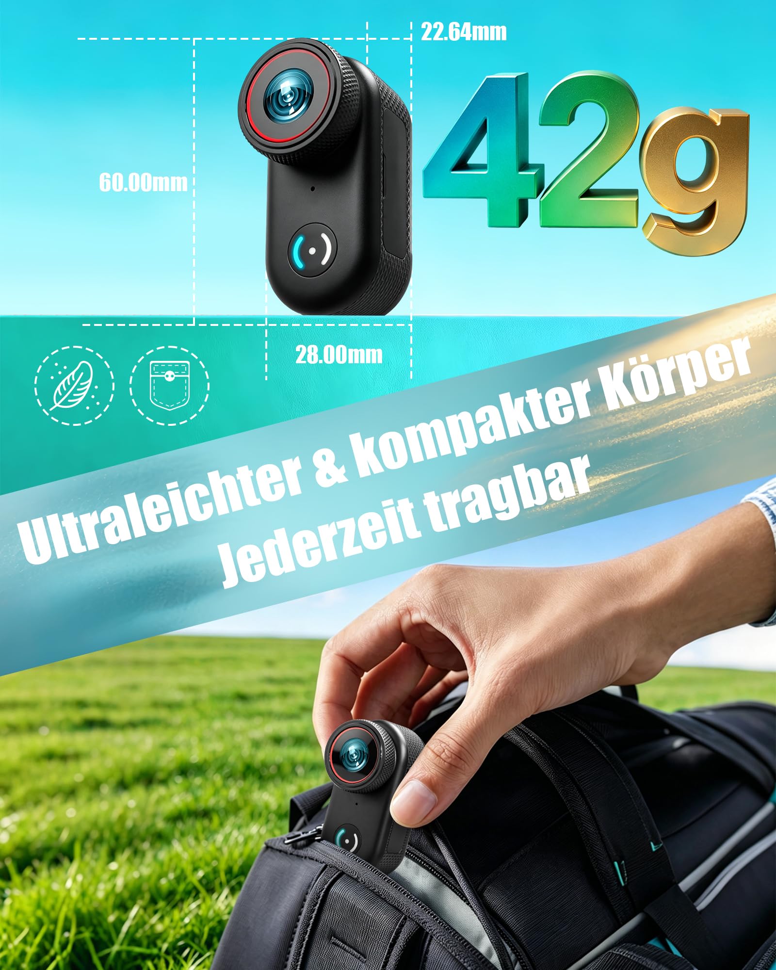 Mini Action Cam 4K, 1,47 Zoll Display Vlog Kamera mit WLAN | BodyCam Körperkamera, 140° Weitwinkel Motorrad Kamera, Helmkamera, Magnetische Vlogging Kamera für Radfahren, Haustiere