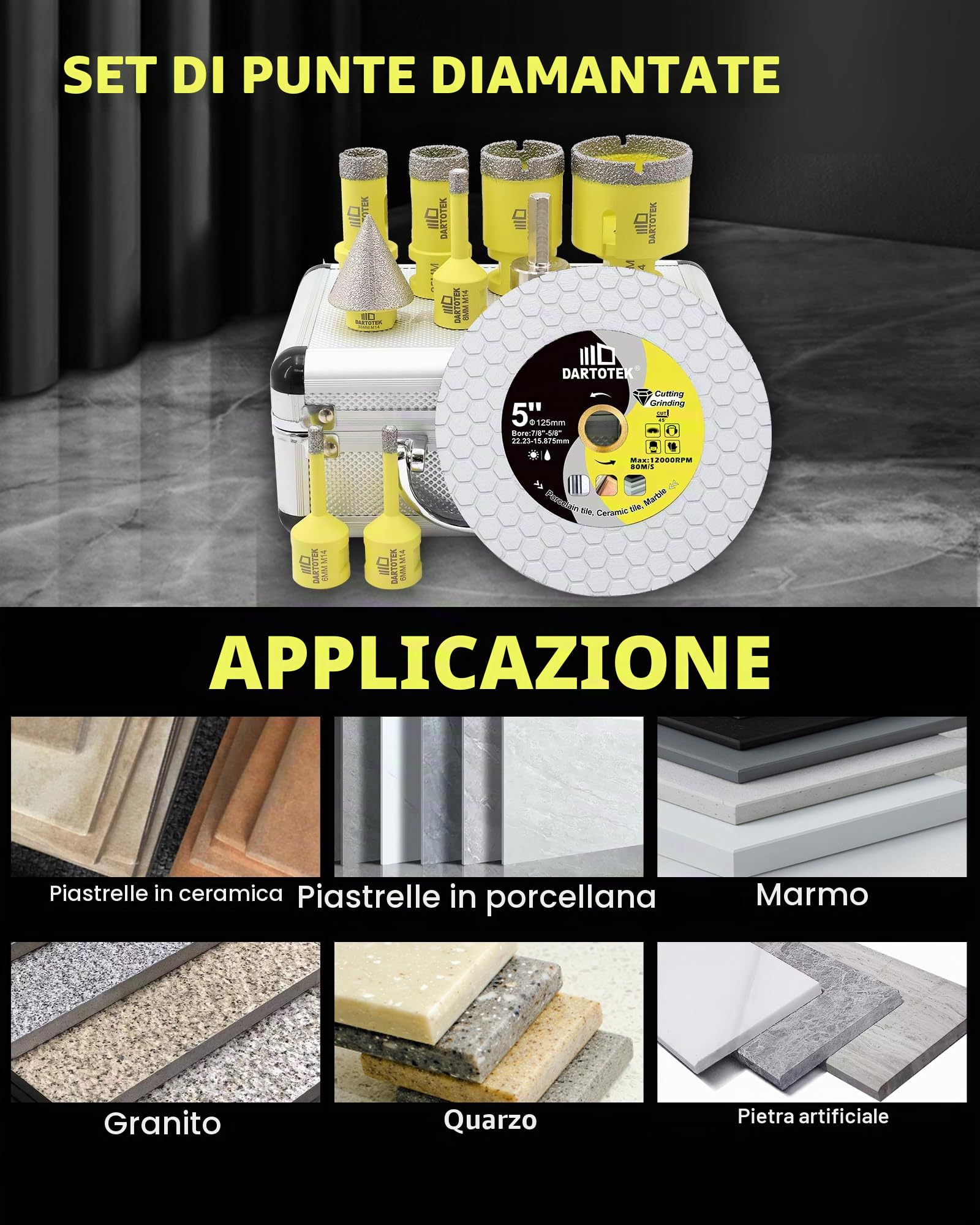 Punte Diamantate Gres Porcellanato 10 Pezzi - 6/6/8/20/25/35/50mm x M14 Punte Trapano, 35mm Punte Smusso, Adattatore, Disco Diamantato 125mm per Piastrelle Ceramica Marmo Granito