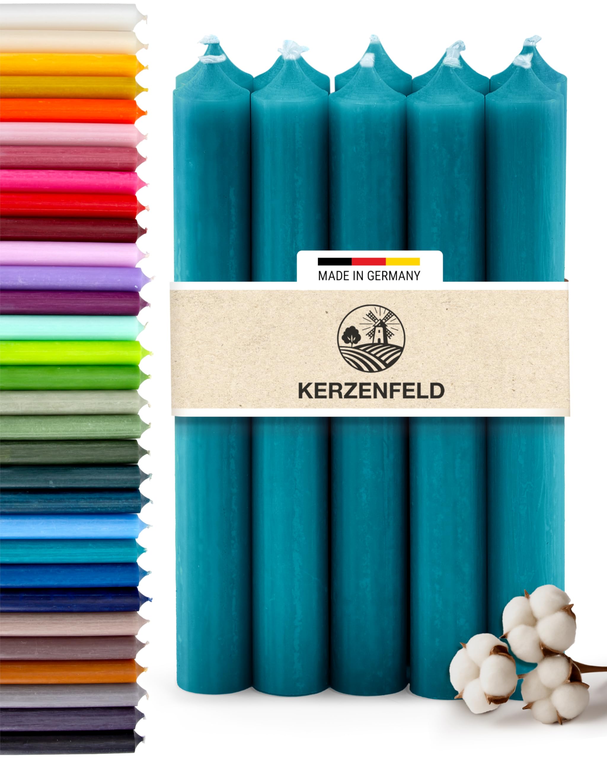 Stabkerzen Türkis, 10 Stück, 180mm x 22mm, Durchgefärbte Spitzkerzen, 8+ Stunden Brenndauer, Made in Germany - Ohne Tropfen & Rußen - Unparfümierte und RAL-Zertifizierte Tafelkerzen
