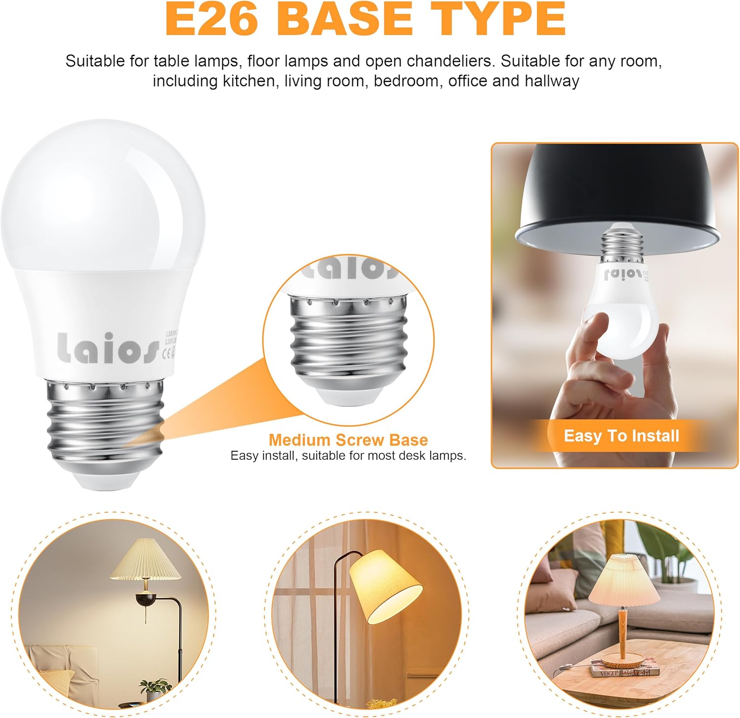 Laios E26 LED Light Bulb A15 Shape, 3W Replace 30W, 400lm, Soft White 2700K, 120V Medium Screw Light Bulb, Pack of 6, Non Dimmable