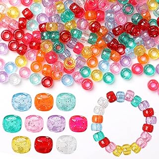 wexpw 1000 Pieces Glitter Pony Hair Beads 6x9mm Rainbow Glitter Transparent Hair Beads Bulk Clear Colored Pony Beads Clear...
