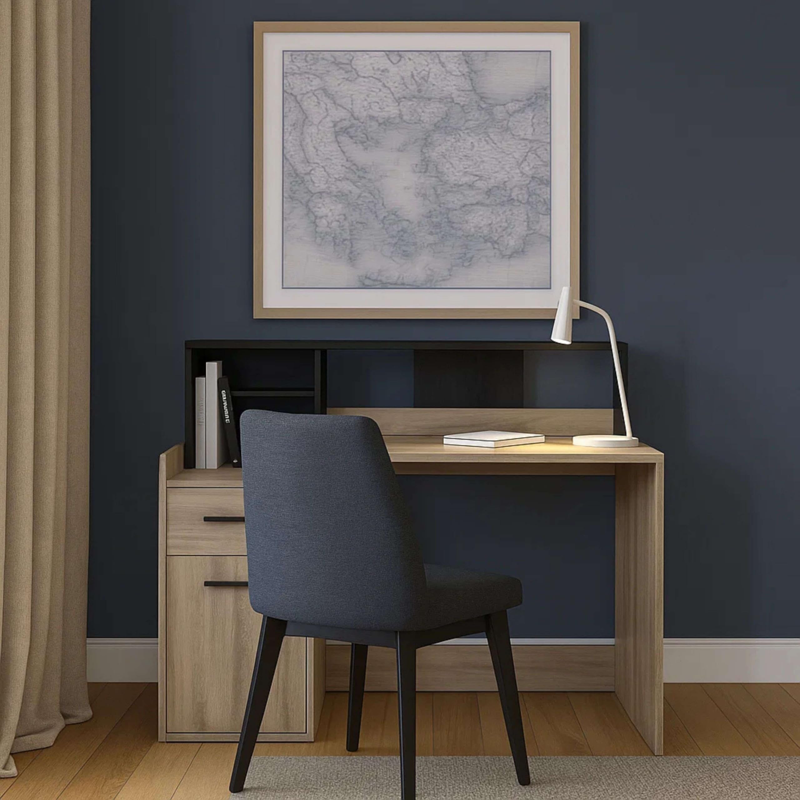 Demeyere - Escritorio pequeño con Almacenamiento de Madera de Roble con 1 Puerta y 1 cajón - Óptimo para Estudiantes - Estilo Industrial - Color Kronberg y Negro Pizarra - Melamina - 127 x 94 x 60 cm