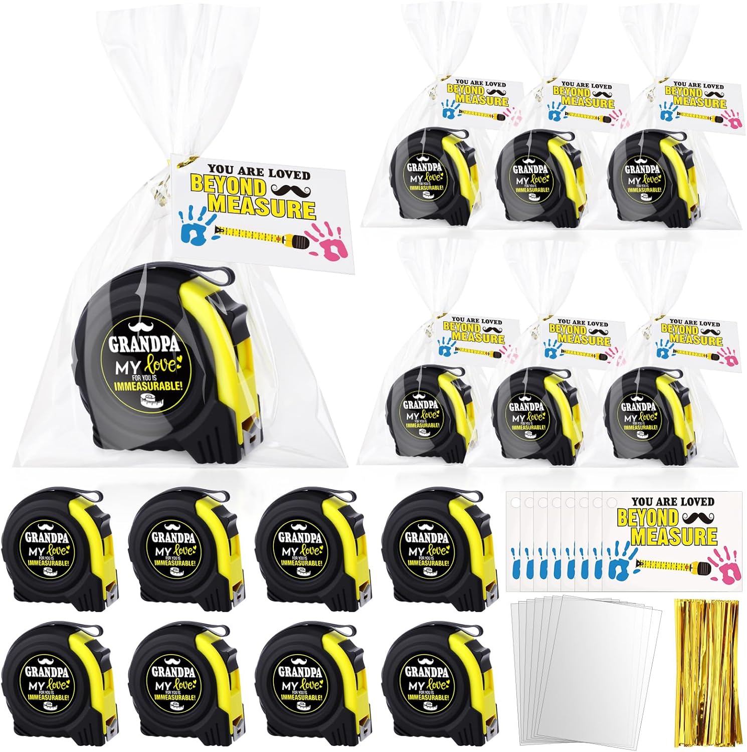 Blosssound 8 Set Fathers Day Dad Gifts Bulk Tape Measures Gifts with Cards Clear Plastic Bags My Love for You is Immeasurable Tool Presents for Fathers Day Party Favors Supplies(Grandpa)