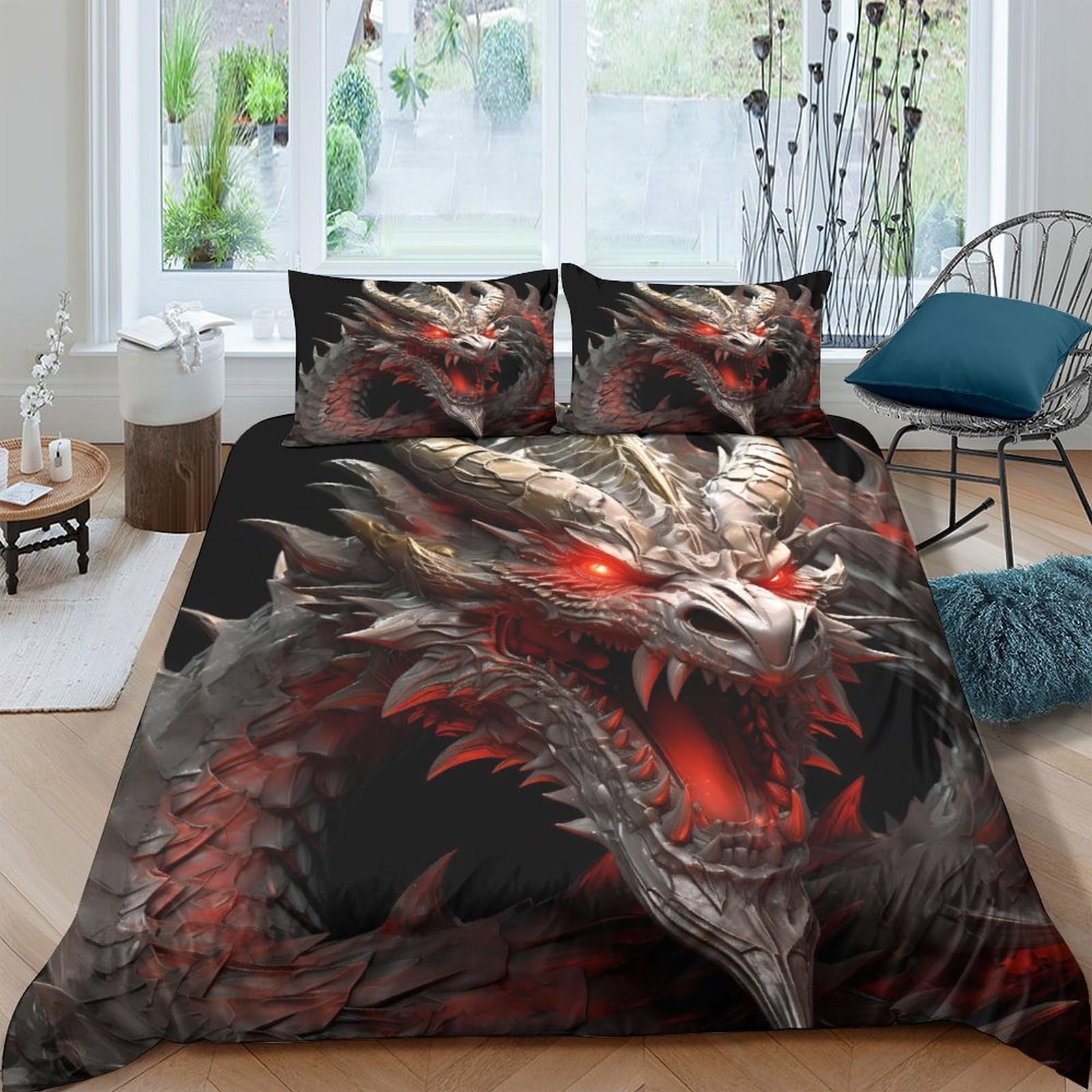 GPLZQXKJNH 3D Printed Dragon Fire Duvet Cover Microfiber Soft Breathable Dark Fantasy Quilt Cover Set with 2 Pillowcases for Bedroom Decor Single（135x200cm）