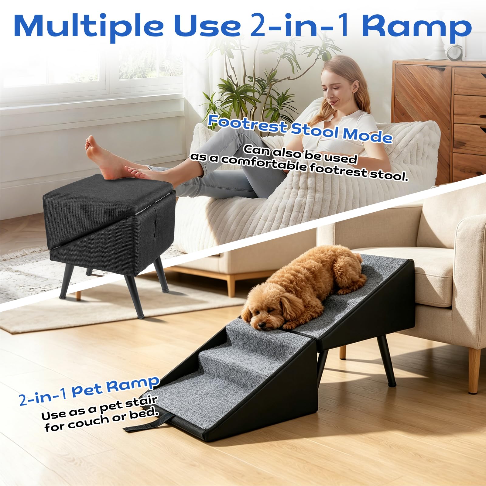 Escalier Pliable pour Chien et Chat Petite Taille, Marchepied Antidérapant | Revêtement en Coton et Lin, Pieds en Métal Stables, Escalier Pliable pour Canapé et Lit, Cadre en Bois, 74,5 × 27,5 × 34 cm