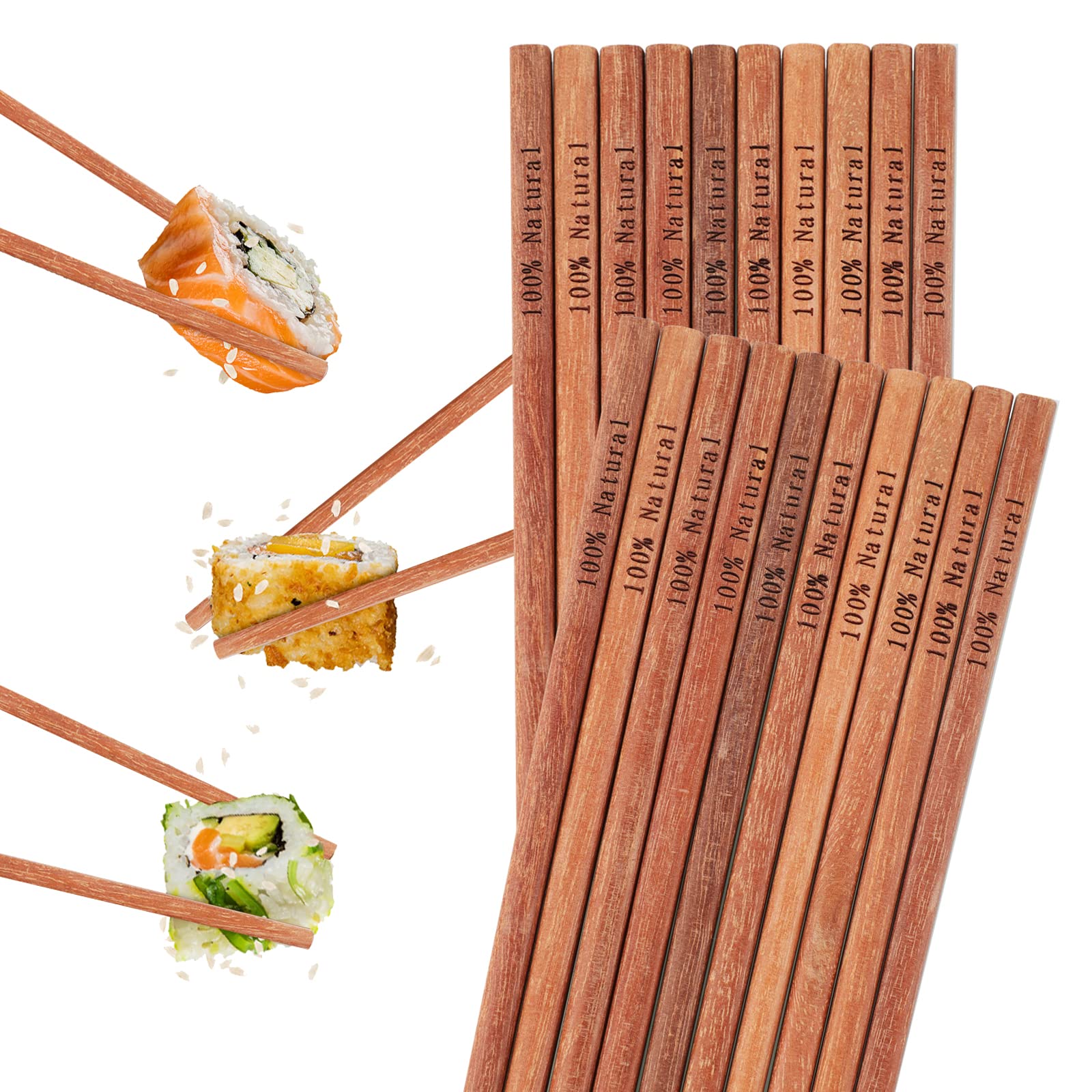 10 Pairs Reusable Natural Wooden Chopstick with 100% Natural Print, No Paint Japanese Chinese ChopSticks 9.84 Inch Chinese Tableware Chopstick Gift Set for Sushi Asian Dishes Noddles Ramen, Sandalwood