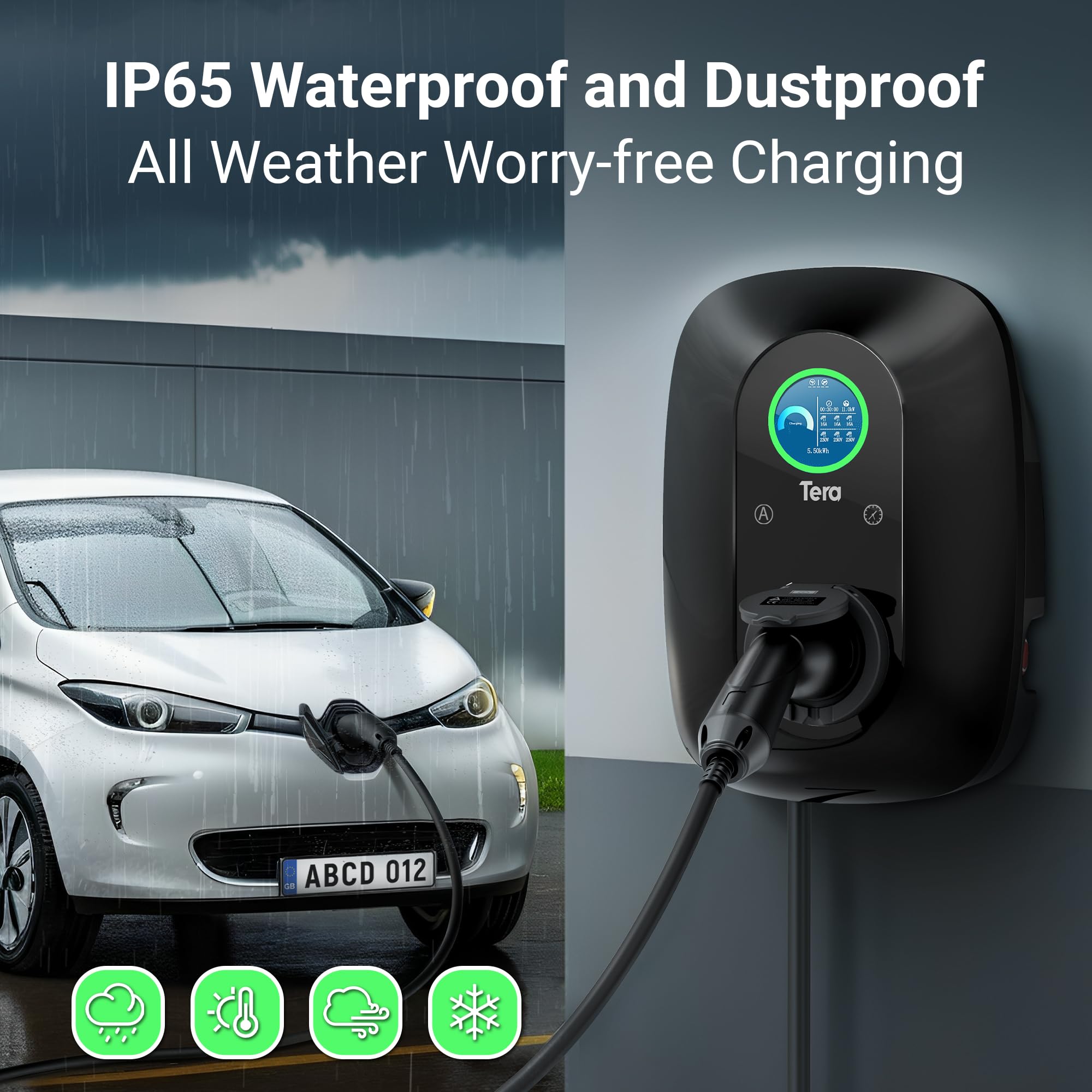 Tera Ładowarka EV z rezerwacją 16 A, typ 2, 11 kW, domowa stacja ładująca 400 V, Wallbox certyfikat CE, ręczna regulacja prądu, planowanie ładowania wszystkich pojazdów EV, model W03, czarna