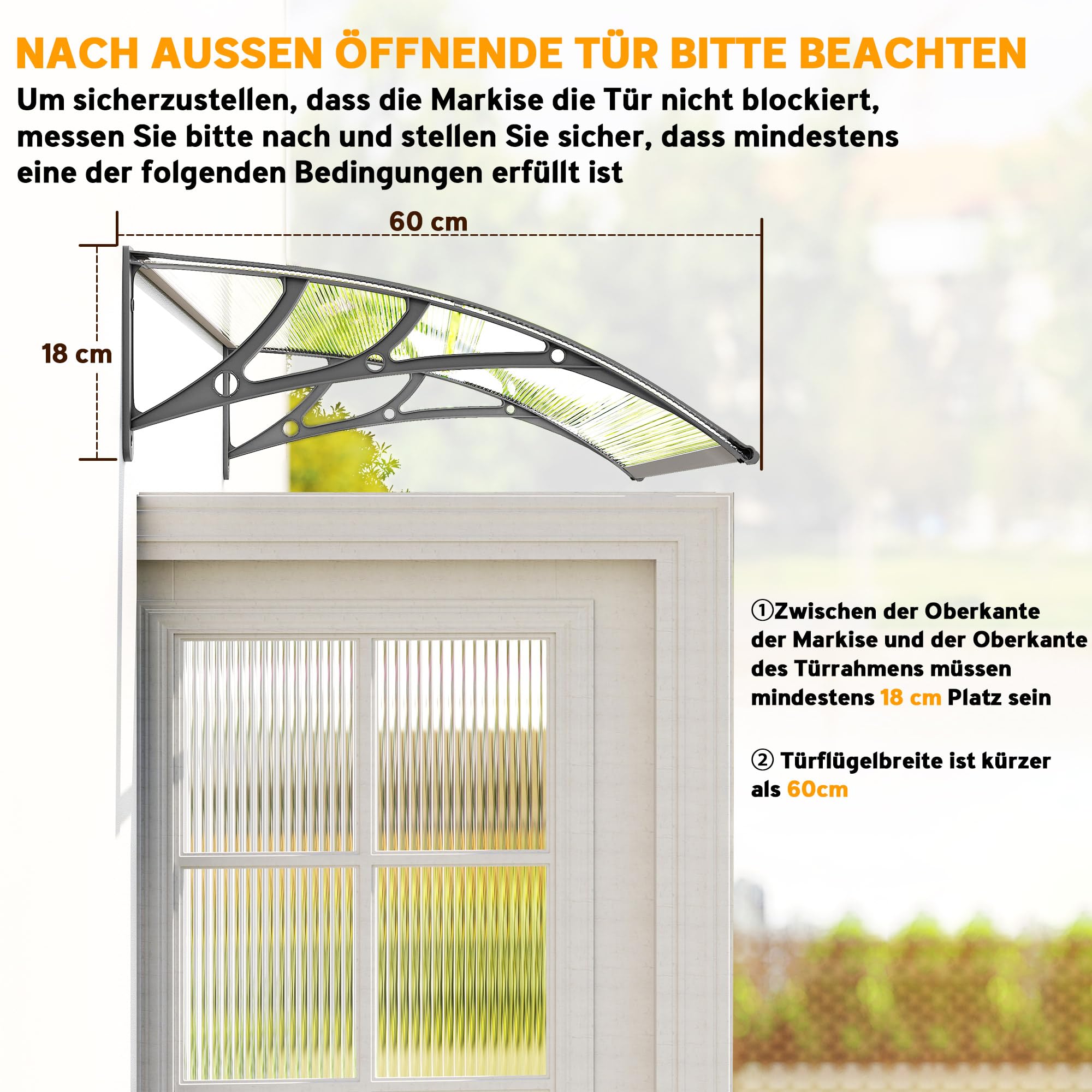Outsunny Pultvordach Vordach für Haustür 110 x 60 x 18 cm Überdachung mit UV Schutz, Regenschutz Sonnenschutz für draußen Aluminium-Verbindungstangen Grau+Transparent