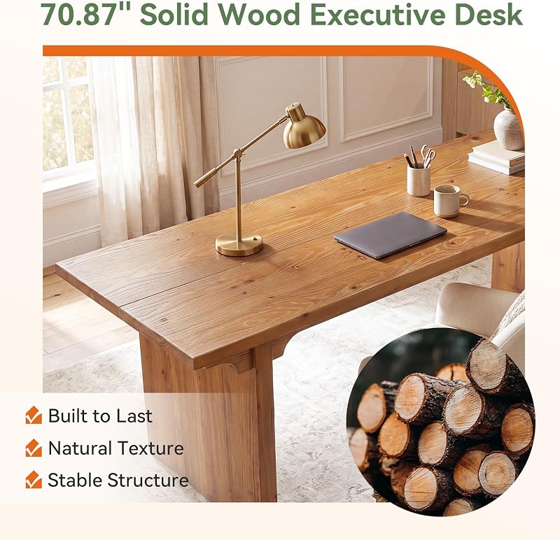 TRIBEWOOD 70.87'' Long Solid Wood Desk, Farmhouse Executive Computer Desk image 4