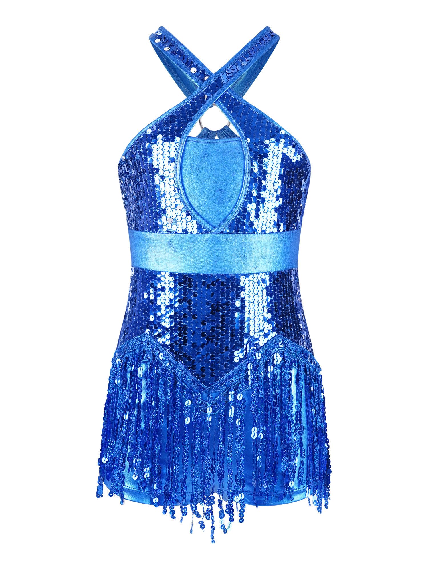 Manyakai Mono Lentejuelas de Danza para Niña Maillot de Baile Latino con Flecos Cuello Hálter Mono de Patinaje Artístico Vestido Baile de Salón 3-16 Años