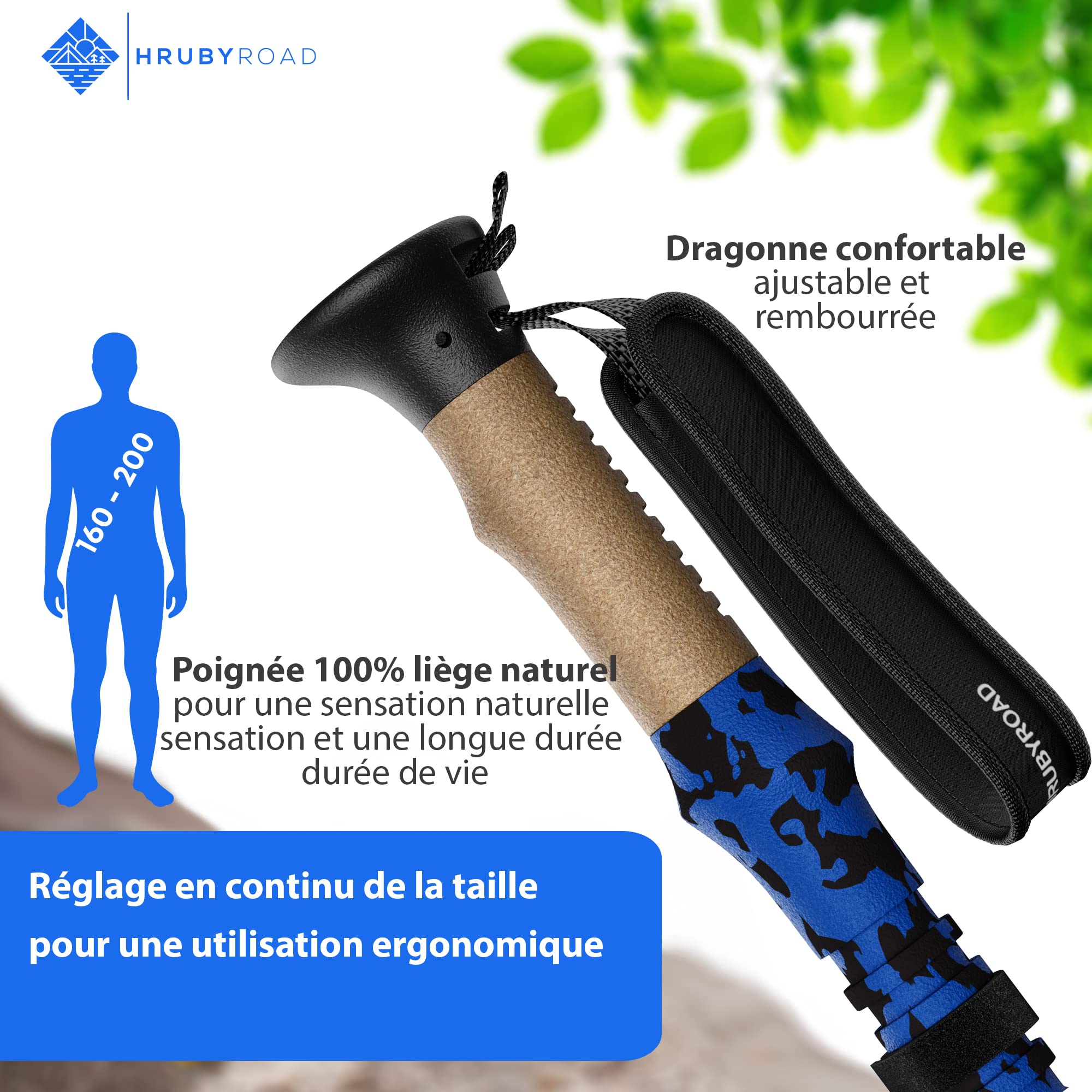 HrubyRoad® Bâtons de randonnée télescopiques | Bâtons de Marche Nordique pour Femmes et Hommes | Bâtons de Trekking Ultra-Stables [avec 6 Embouts]