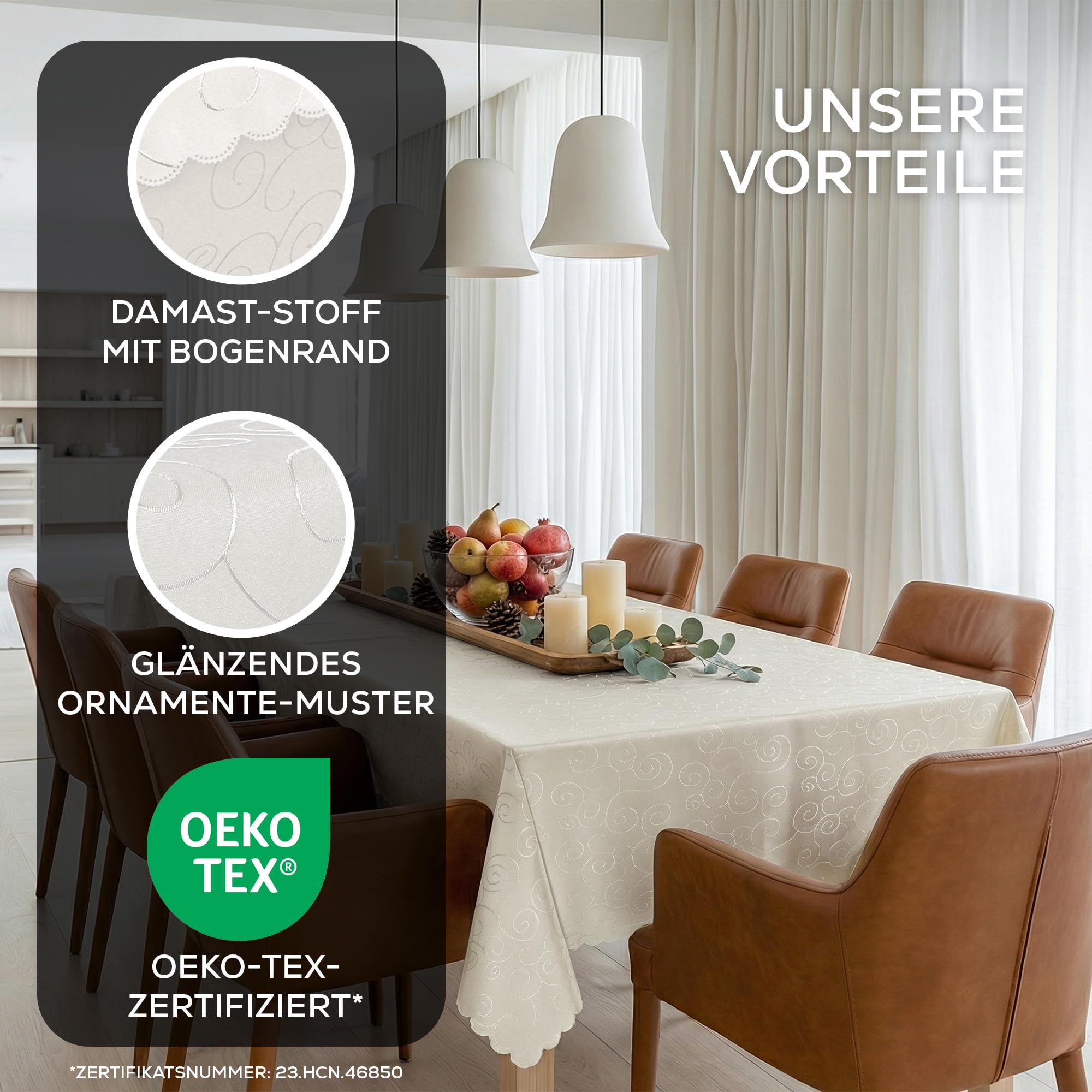 BEAUTEX Damast Tischdecke Ornamente eckig 160x300 Champagner bügelfrei edel | fleckenabweisend, Lotuseffekt, formstabil, strapazierfähig, eleganter Glanz, hochwertige Tischwäsche für Alltag und Anlass