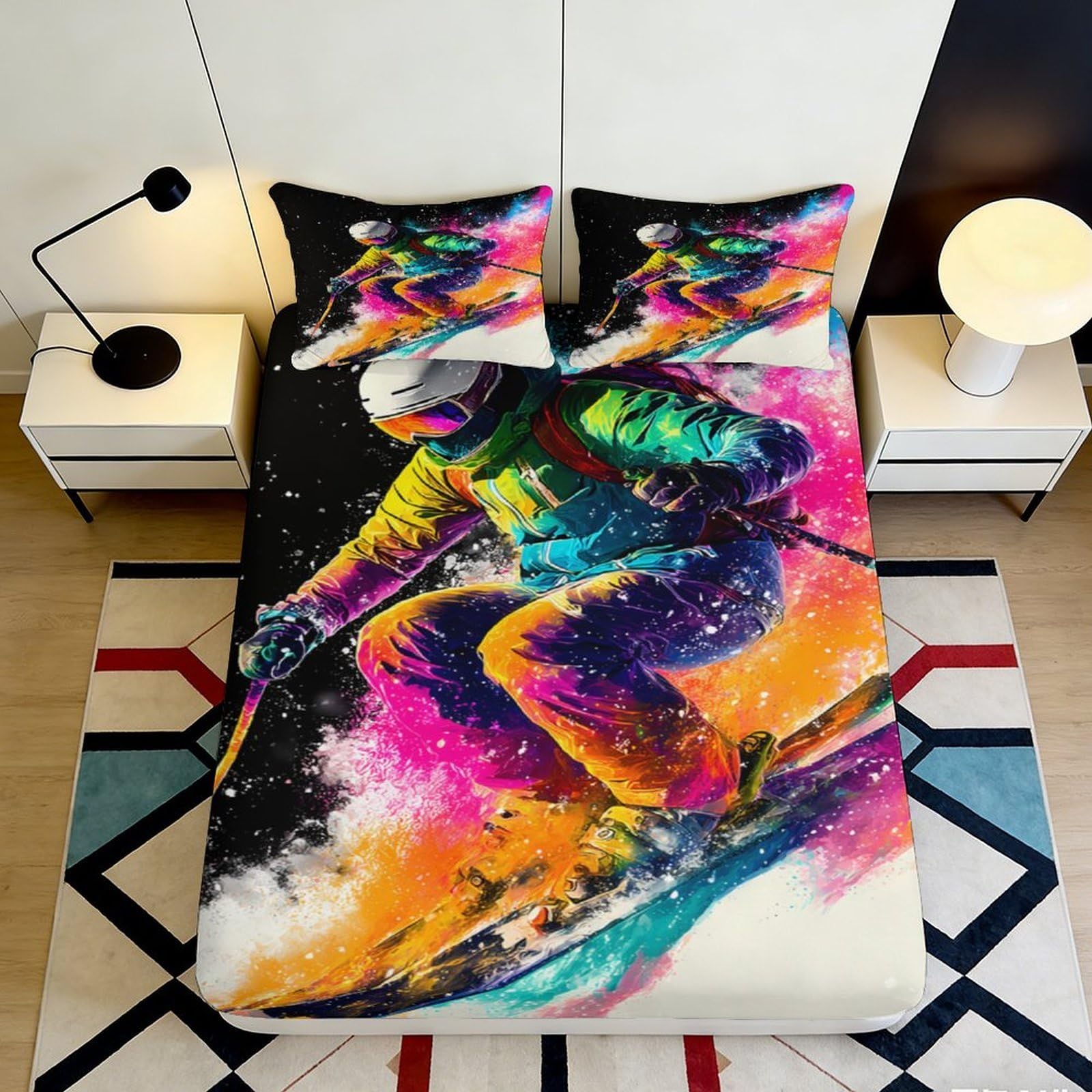 Uynsixtme Style-9 3D Printed Colourful Skiing Fitted Sheet Microfiber Deep Pocket Full Wrap Bedding Ski Mattress Fitted Cover Washable For Bedroom 200X200x25cm