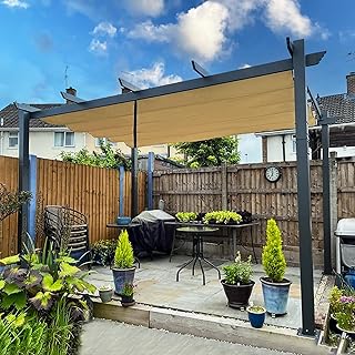 PURPLE LEAF Pergola 3 x 4 m Wasserdicht Stabil Winterfest, Aluminium Gartenpavillon mit Wetterfestes Schiebedach, Terrassenüberdachung Freistehend, UV-Schutz, Beige