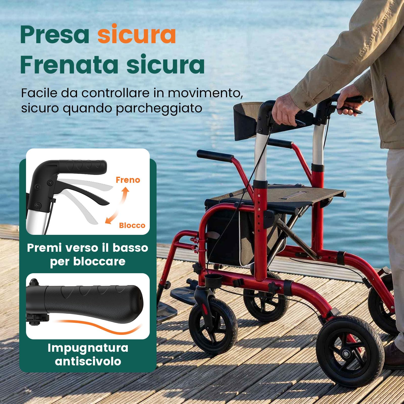 Rollator con seduta 2-in-1, Rollator 4 ruote & Sedia da trasporto, Portata 136 kg, Ruote TPU 8"" anteriori & 10"" posteriori, Doppio freno, Pieghevole, Altezza regolabile, Borsa portaoggetti – Rosso