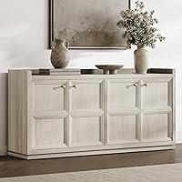 SICOTAS 61.7" 4-Door Buffet Cabinet Sideboard with 2 Bays, Adjustable Shelves & Gold Handles, Grey White Oak Credenza for Kitchen Living Room