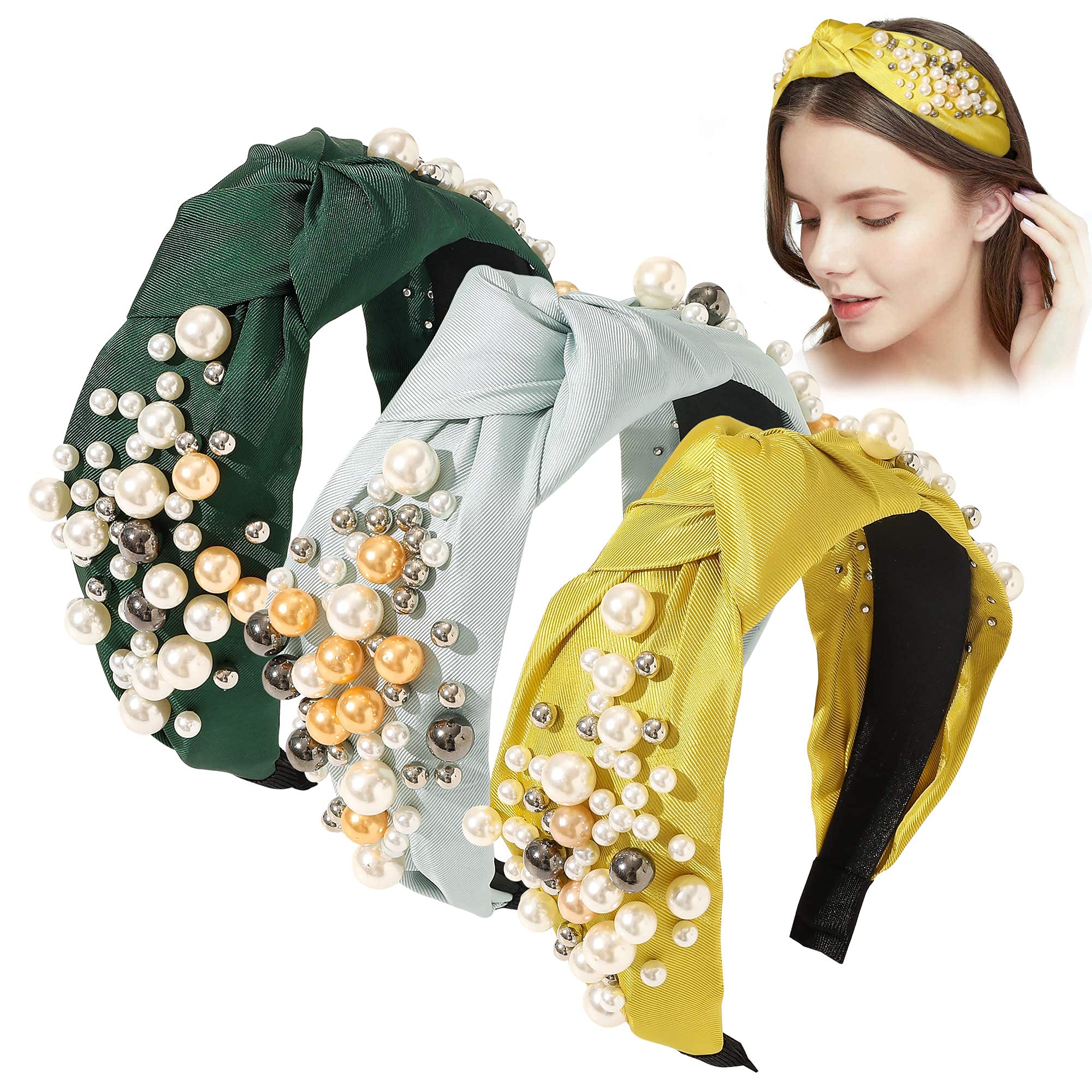 DFDTYCA 3pcs Headbands for Women Head Bands - Wide Knotted Pearl Fashion Cute Large Accessories Hairbands for Girls Oversize Para Mujer De Moda Big No Slip Head Band Stretchy Gifts for Women