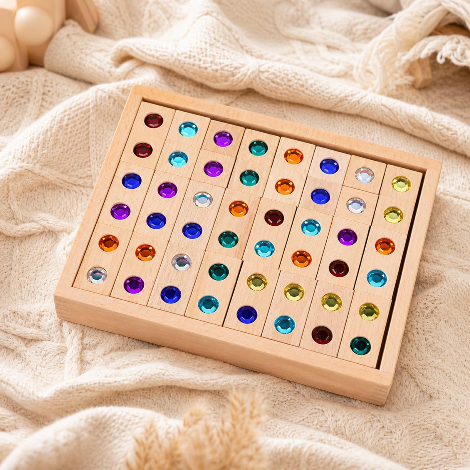 128 Pezzi Set di Costruzioni Sensoriali | Colorato, Blocchi di Faggio con Inserti Gemmati, Non Verniciato, Giocattolo Educativo, per Aula Scolastica