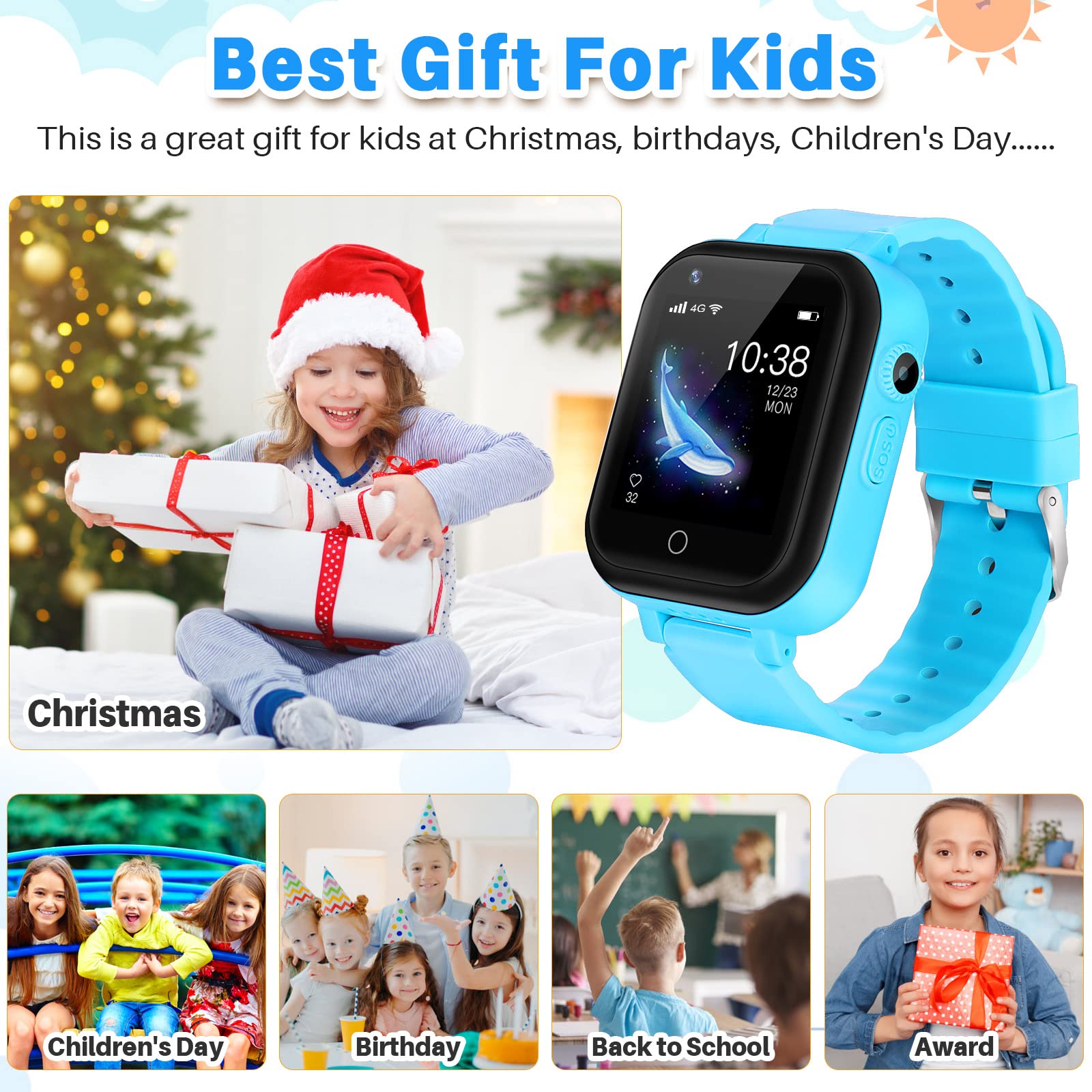 4G Smartwatch Kinder Smart Watch Telefon mit GPS und Anruf, SOS, Musik-Player, Kamera, Kinderuhr Weihnachten Geburtstag Geschenke für 3-14 Jahre Jungen Mädchen