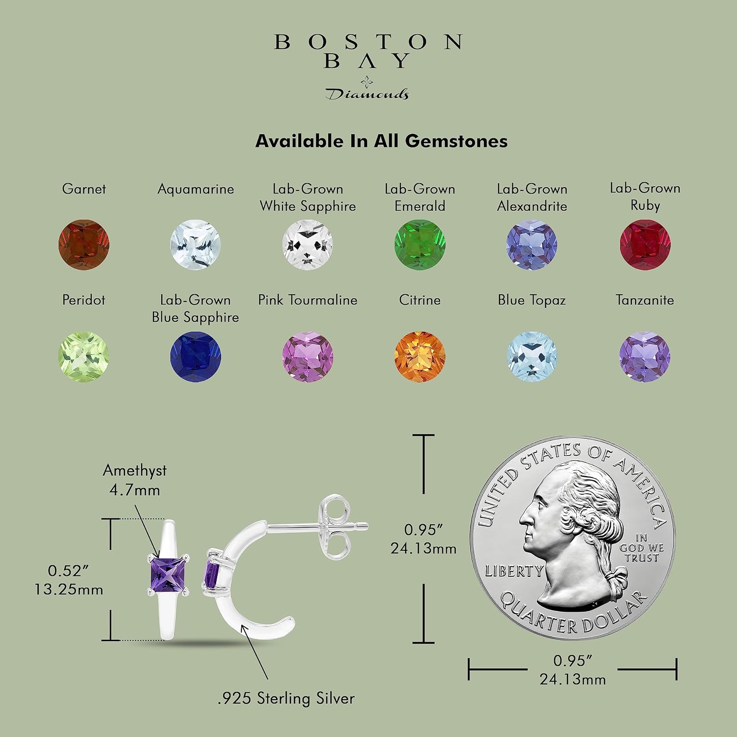 Boston Bay Diamonds 925 Sterling Silver Princess Cut Birthstone Gemstone Half Hoop Earrings
