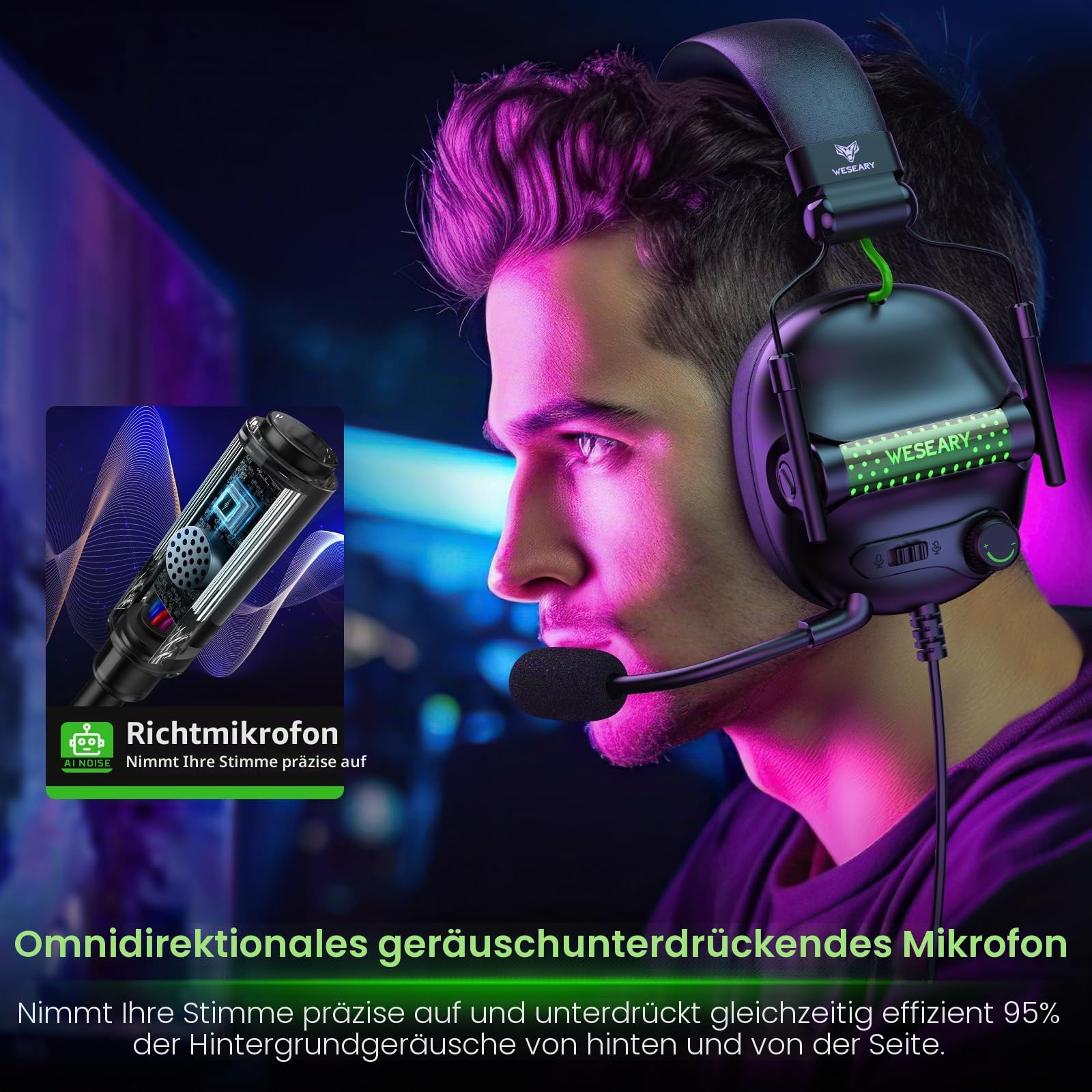 WESEARY Gaming Headset, PS5 Headset Stereo Gaming Headphones mit Mikrofon für PS4/PS5/PC/Xbox One/Switch, Headset mit 3,5mm Jack, RGB Licht