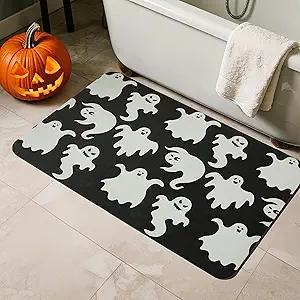 Halloween Bath Mat, Thin Halloween Bathroom Rug Non Slip Quick Dry Ghost Bath Mat Fits Under Door Thin Floor Mat Halloween Decor, 17''x30'', Spooky Ghosts Black