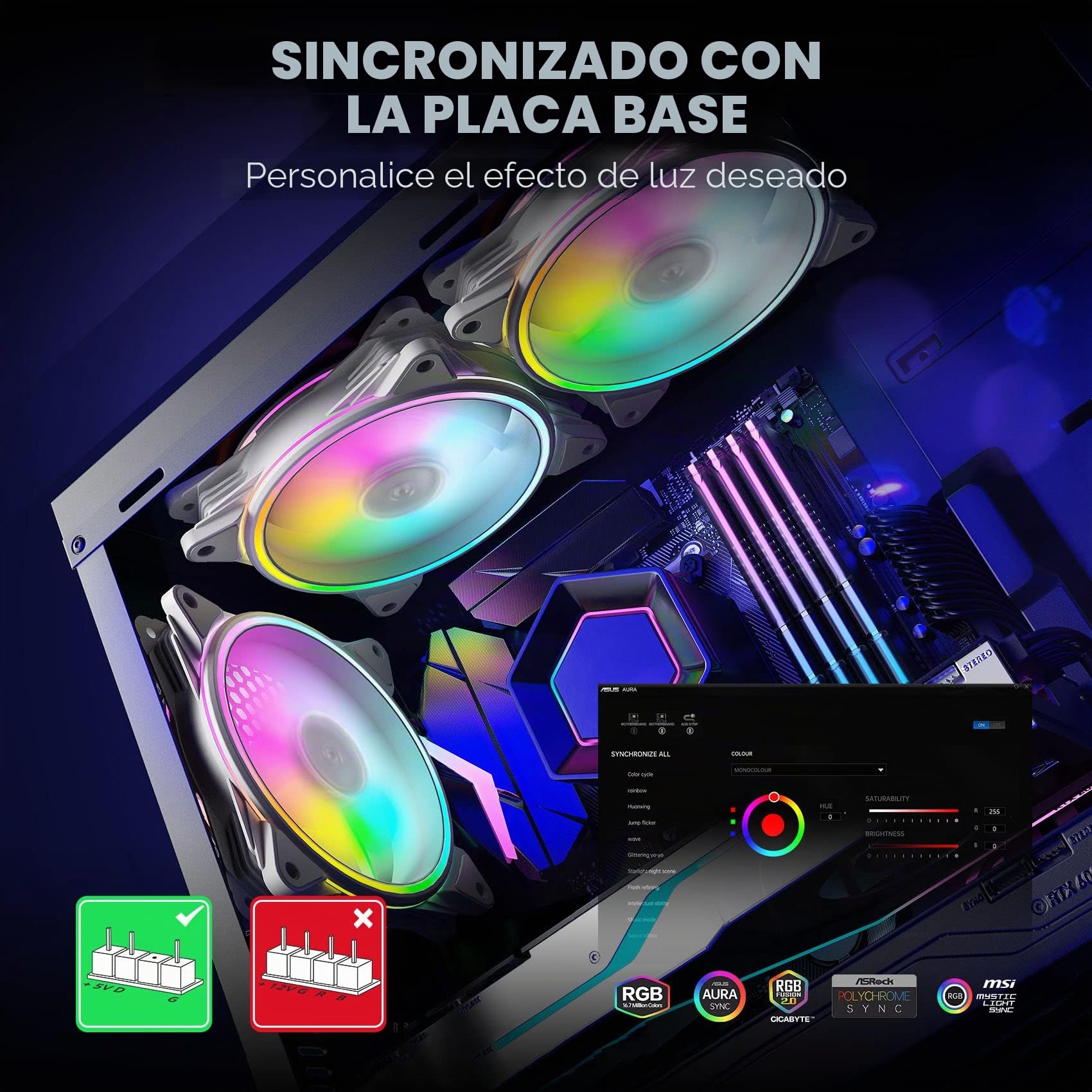 AsiaHorse PC 120MM RGB Ventilador,Ventilador de caja ARGB con control de concentrador,Ventilador de caja de CPU con 24 LED direccionables,Ventilador para computadora,1500 RPM, Blanco,6PACK