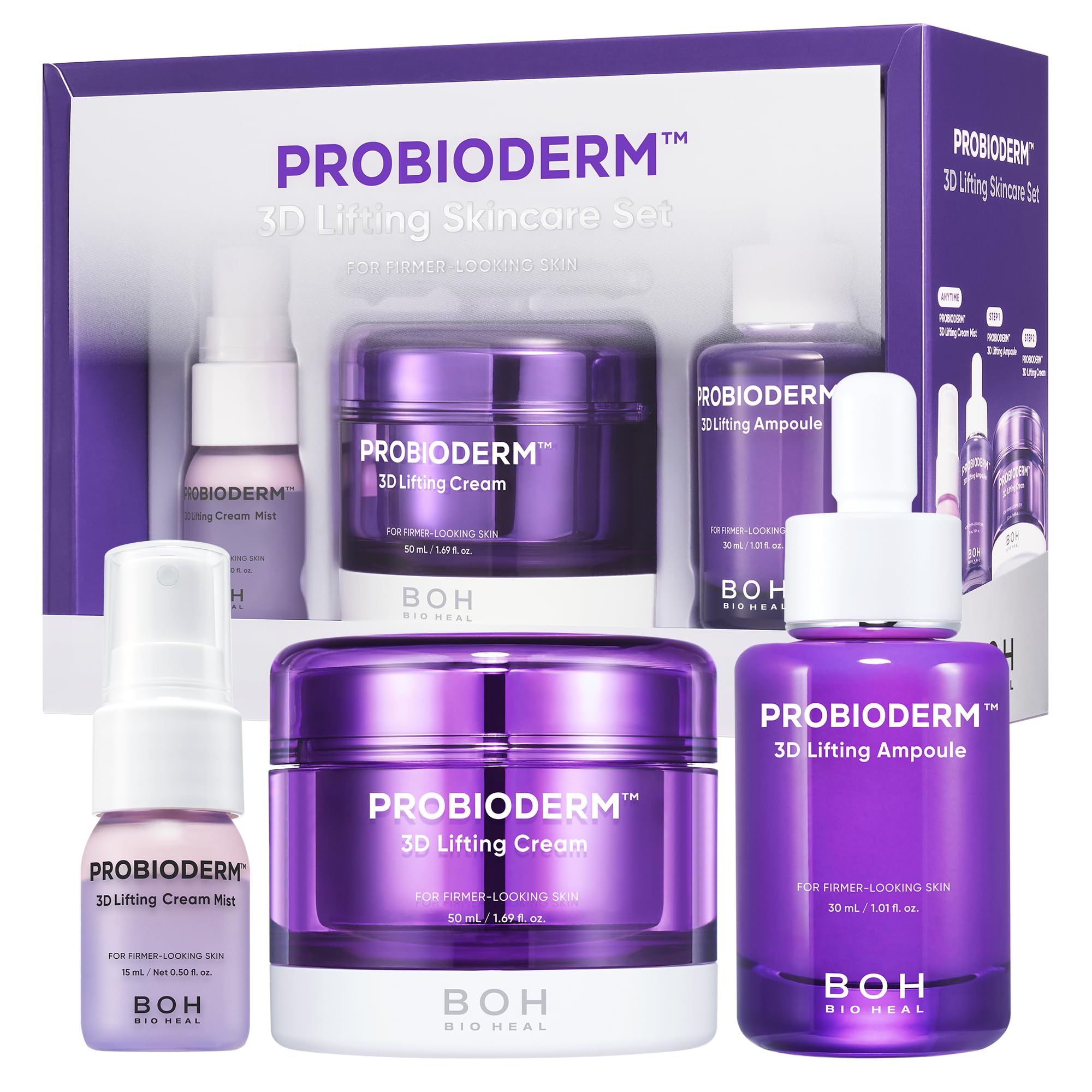 BIOHEAL BOH Probioderm 3D Lifting Skincare Set | Anti-Aging Face Moisturizer Night Cream, Ampoule & Facial Serum Spray | Korean Skin Care Kit for