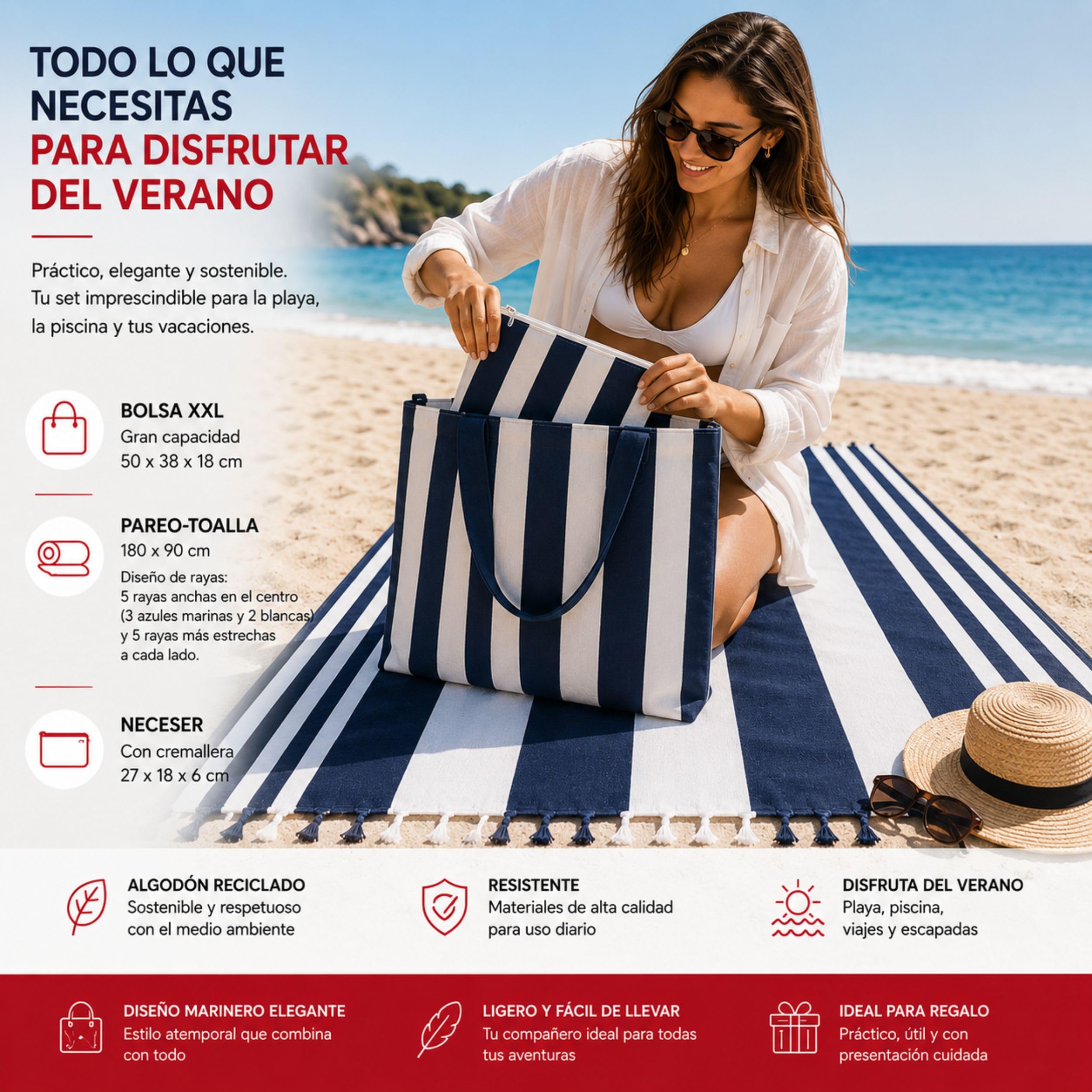 Set da spiaggia da donna, 3 pezzi, blu navy, grande borsa in cotone riciclato, pareo asciugamano 180 x 90 cm e trousse con cerniera, kit spiaggia, piscina, vacanze, regalo da donna