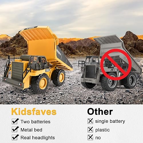 Miniatura 3 de KidsFaves Camión volquete con control remoto, 9 canales, 2 baterías, vehículos de juguete de construcción RC con luces y sonidos de metal, regalos