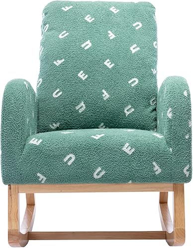 Miniatura 4 de Setawix Mecedora de peluche para guardería, sillón moderno de mediados de siglo con bolsillo lateral, mecedora tapizada de madera con respaldo alto