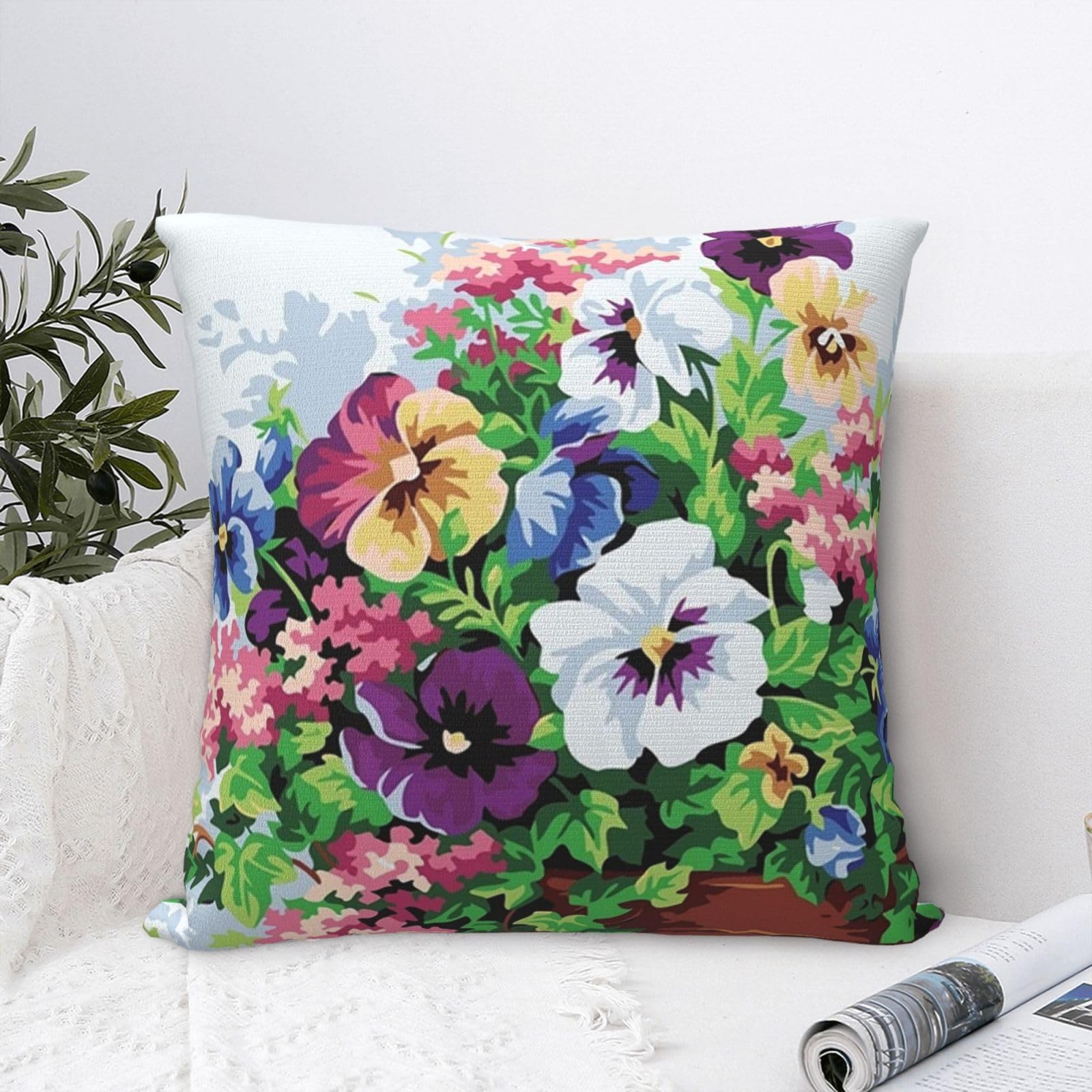 FodPand Luxury Velvet Throw Pillow Covers 20"x20" Super Soft Decorative Pillow Cases - Pansy Flowers Pillowcases Modern Lumbar Cushion Cases for Couch Sofa Bed Pillow Shams