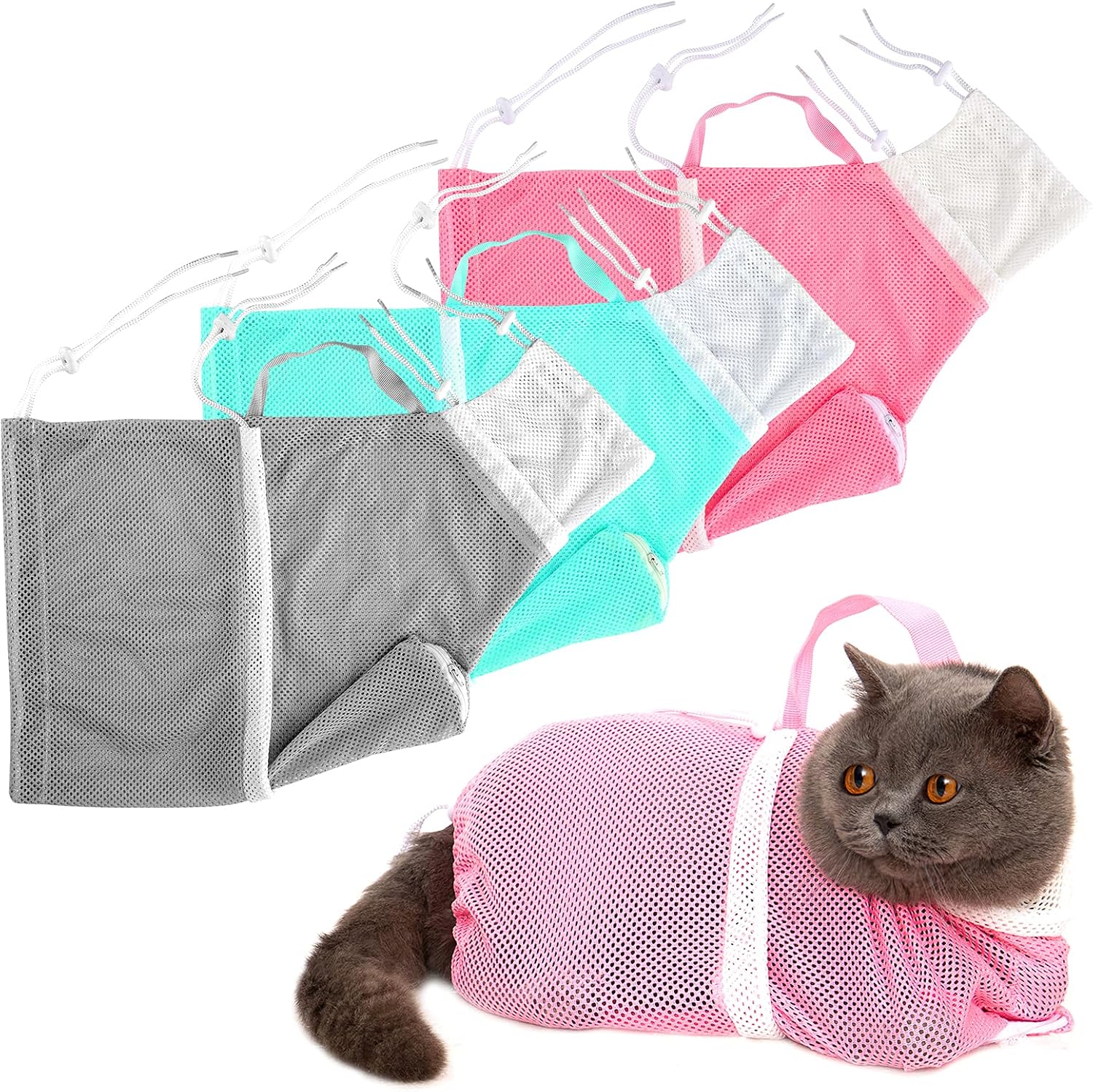 3 Pack Adjustable Cat Shower Net Bag- Multifunctional Cat Grooming Bathing Bag with Drawstrings Anti-Bite Anti-Scratch Cat Restraint Bag…