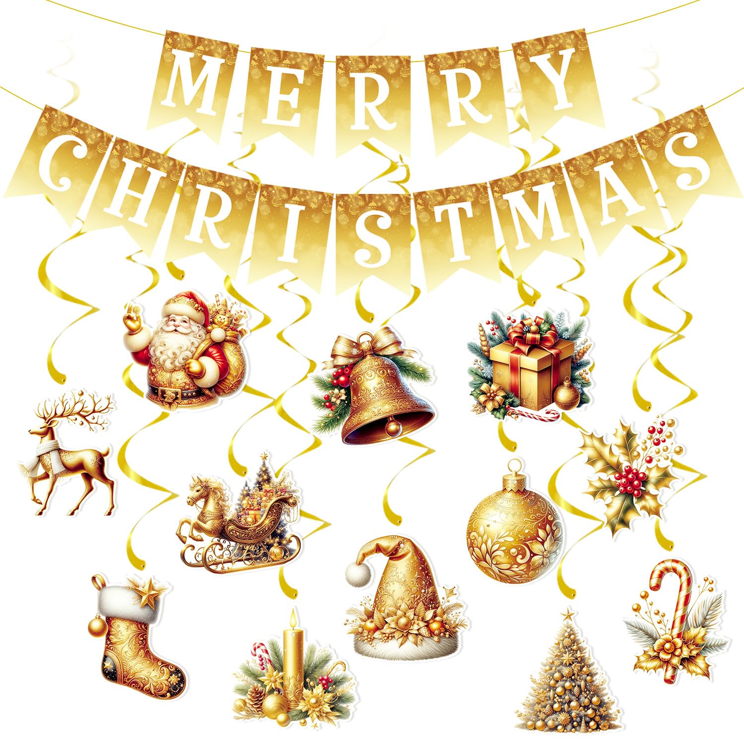 Christmas Decoration With Merry Bunting Banners, 12pcs Hanging Foil Streamers Swirls for Ceiling Winter Holiday